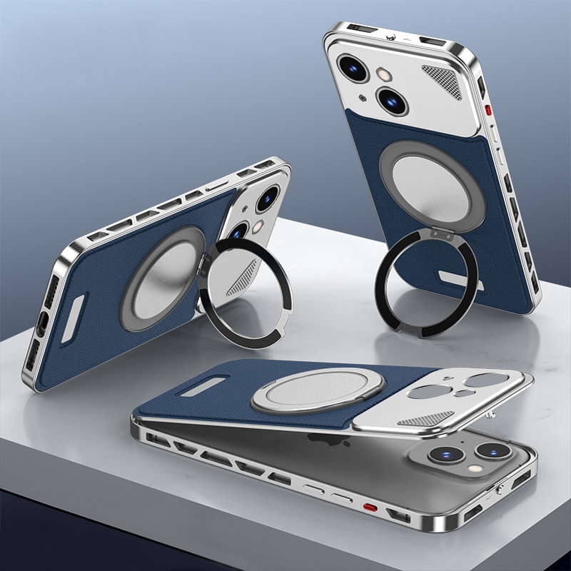 For iPhone 15 Metal Snap Buckle 360 Degree Rotating MagSafe Magnetic Holder Phone Case(Dark Blue Silver) - Shopkiz.com