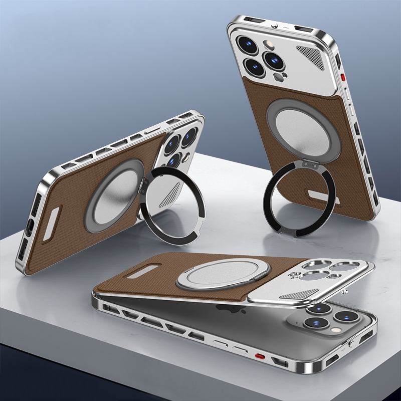 For iPhone 14 Pro Metal Snap Buckle 360 Degree Rotating MagSafe Magnetic Holder Phone Case(Dark Brown Silver) - Shopkiz.com