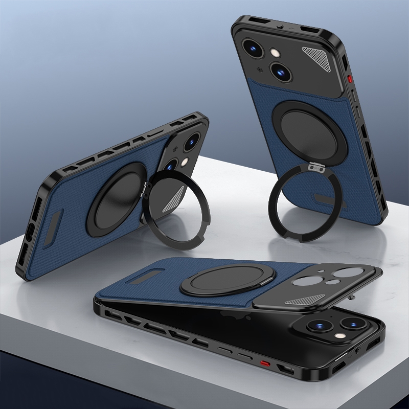 For iPhone 13 Metal Snap Buckle 360 Degree Rotating MagSafe Magnetic Holder Phone Case(Dark Blue Black) - Shopkiz.com