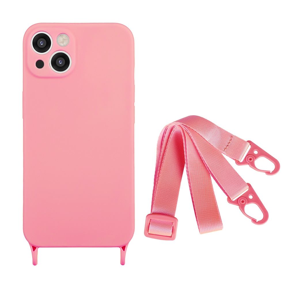 For iPhone 14 Fine Hole Silicone Phone Case with Lanyard(Pink) - Shopkiz.com