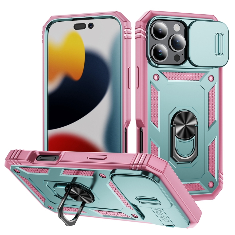 For iPhone 16 Pro Max Sliding Camshield TPU + PC Phone Case with Holder(Green+Pink) - Shopkiz.com
