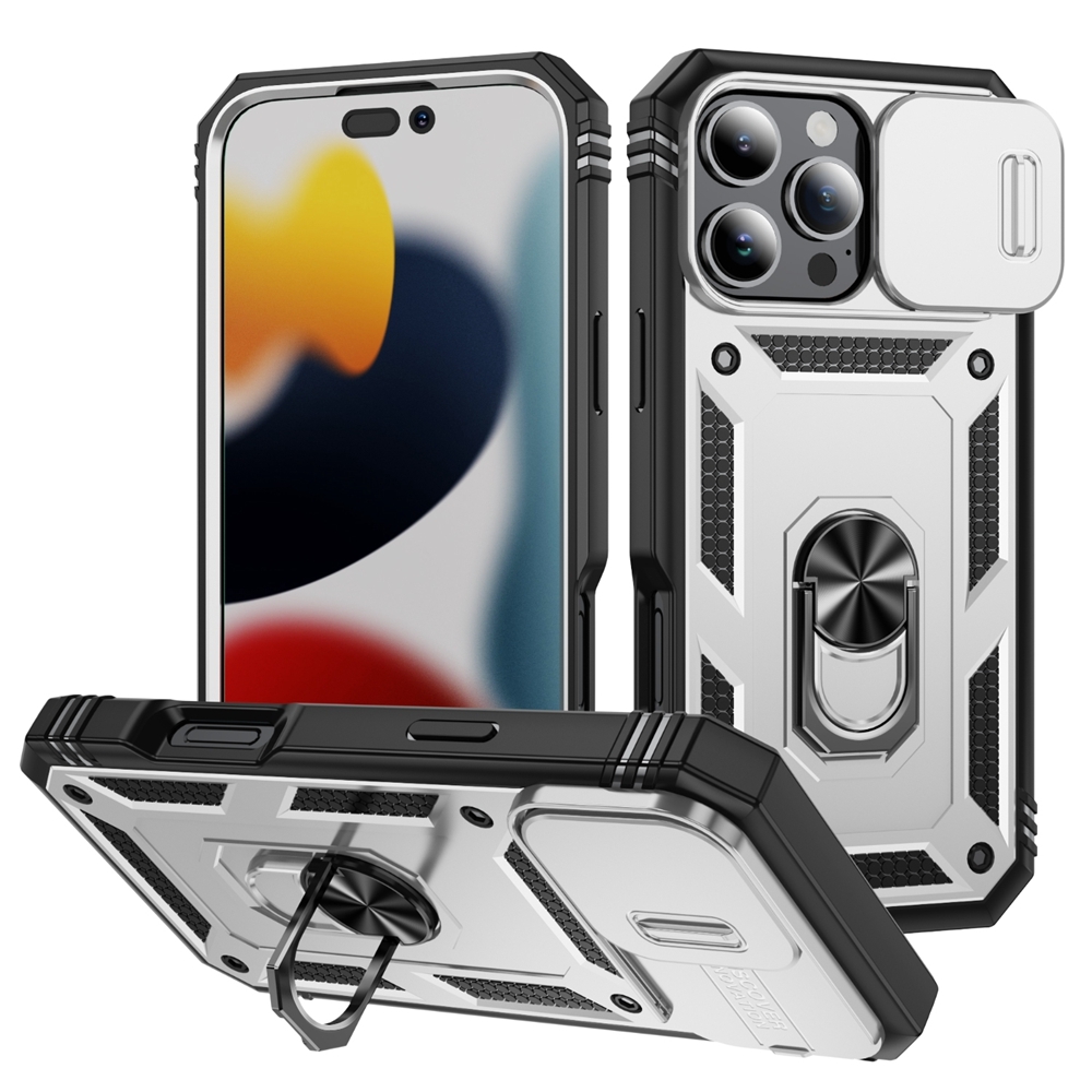 For iPhone 16 Pro Sliding Camshield TPU + PC Phone Case with Holder(White+Black) - Shopkiz.com