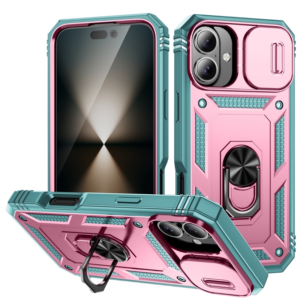 For iPhone 16 Plus Sliding Camshield TPU + PC Phone Case with Holder(Green+Pink) - Shopkiz.com