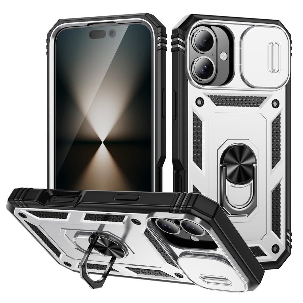 For iPhone 16 Sliding Camshield TPU + PC Phone Case with Holder(White+Black) - Shopkiz.com