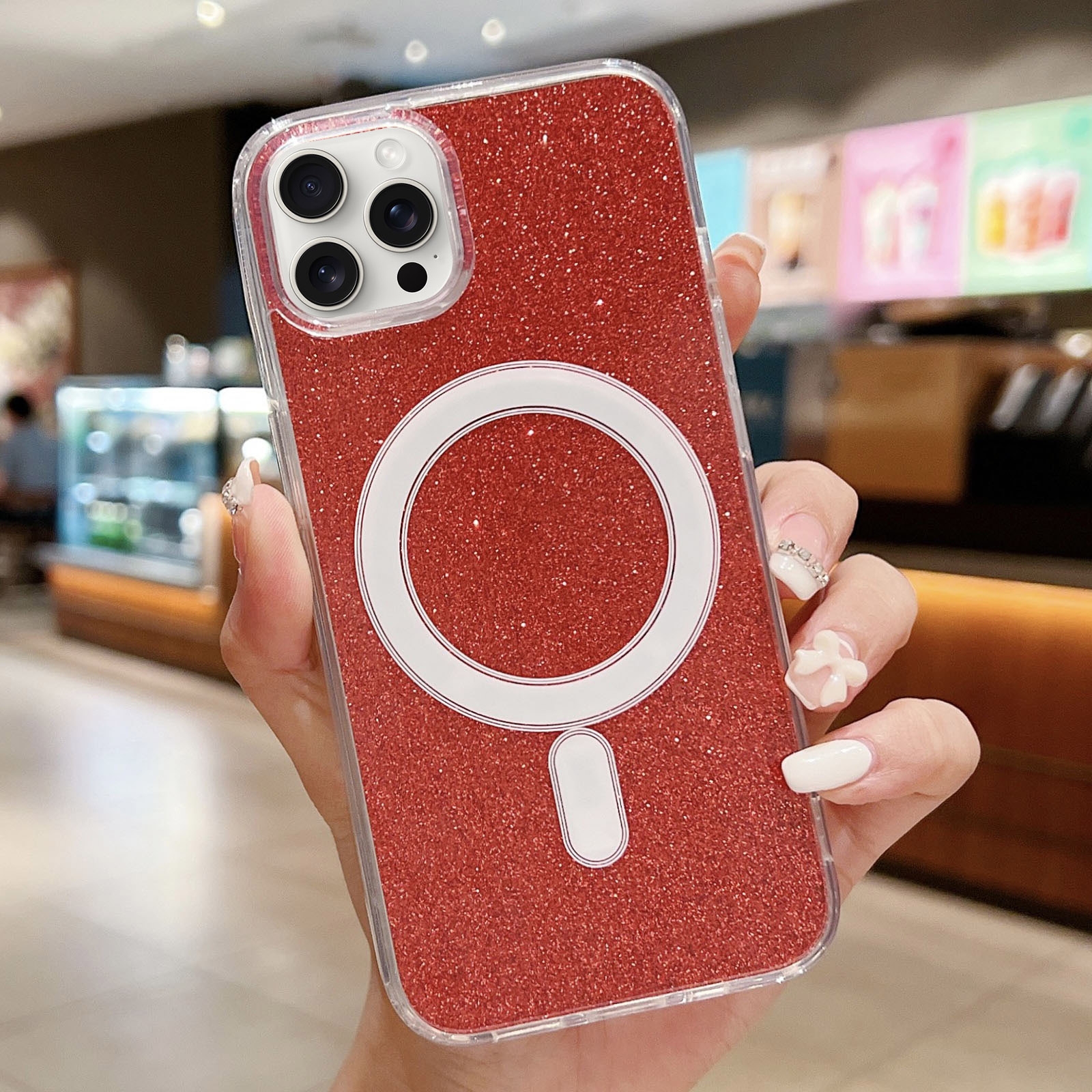 For iPhone 15 Pro Max Acrylic Transparent Glitter MagSafe Phone Case(Red) - Shopkiz.com
