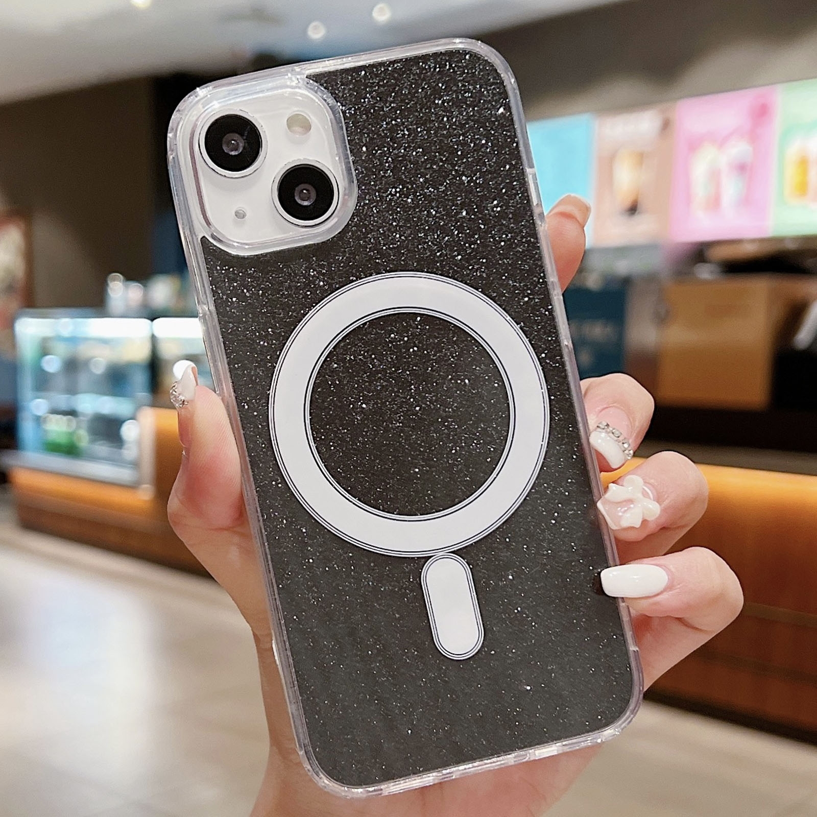 For iPhone 15 Plus Acrylic Transparent Glitter MagSafe Phone Case(Black) - Shopkiz.com