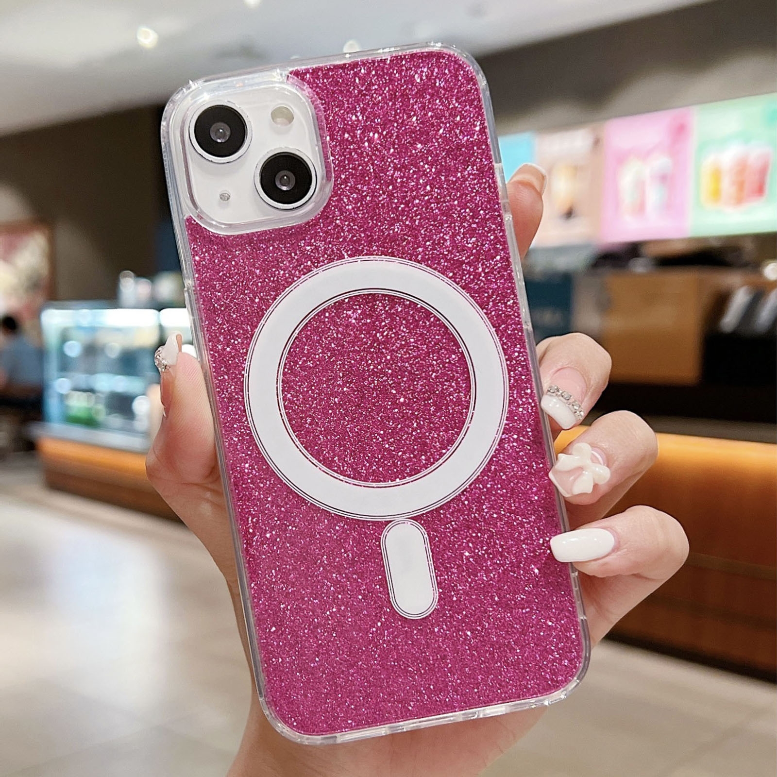 For iPhone 14 Plus Acrylic Transparent Glitter MagSafe Phone Case(Rose Red) - Shopkiz.com