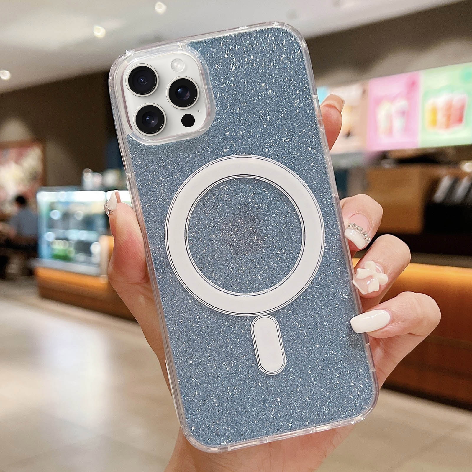 For iPhone 14 Pro Max Acrylic Transparent Glitter MagSafe Phone Case(Blue) - Shopkiz.com