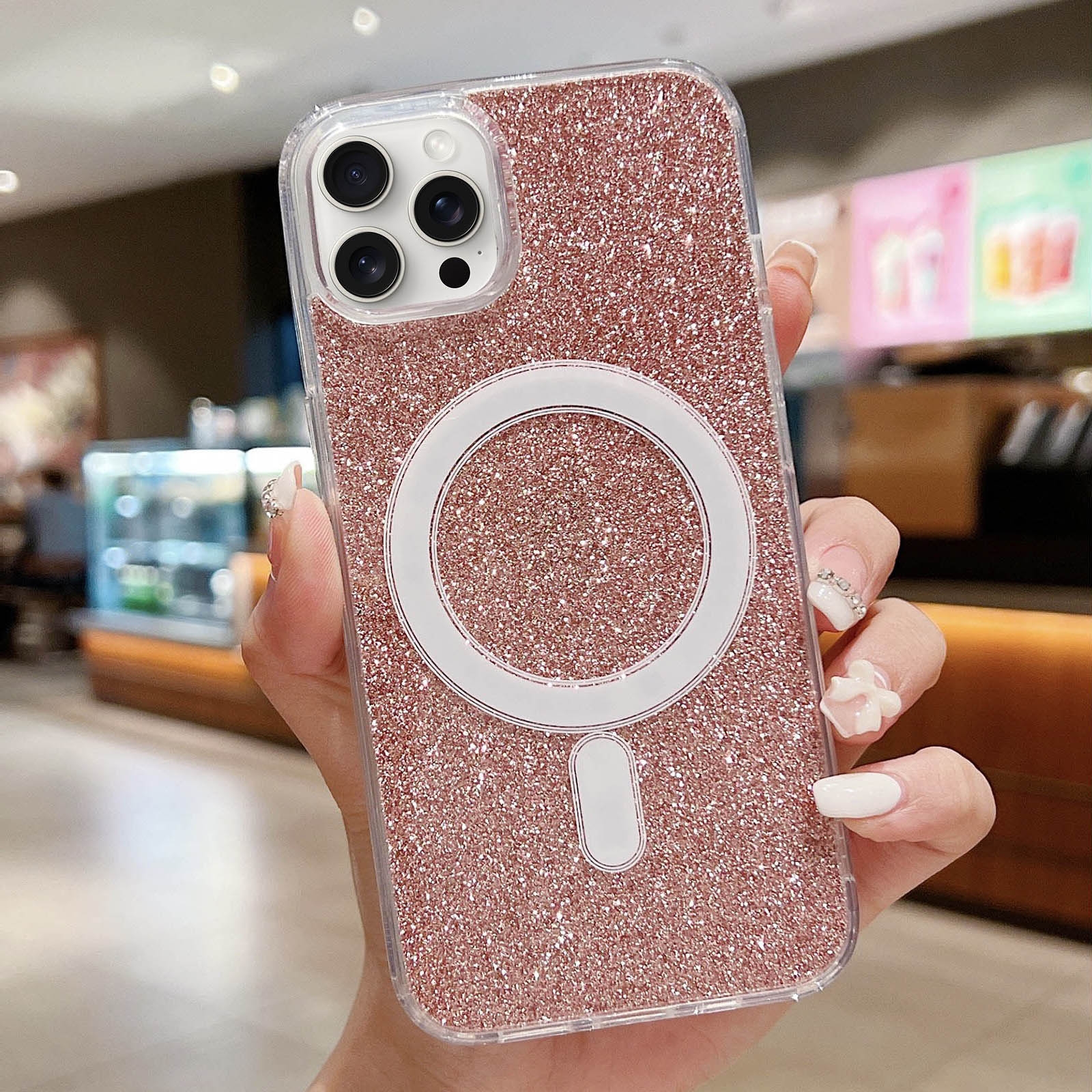 For iPhone 12 Pro Max Acrylic Transparent Glitter MagSafe Phone Case(Pink) - Shopkiz.com