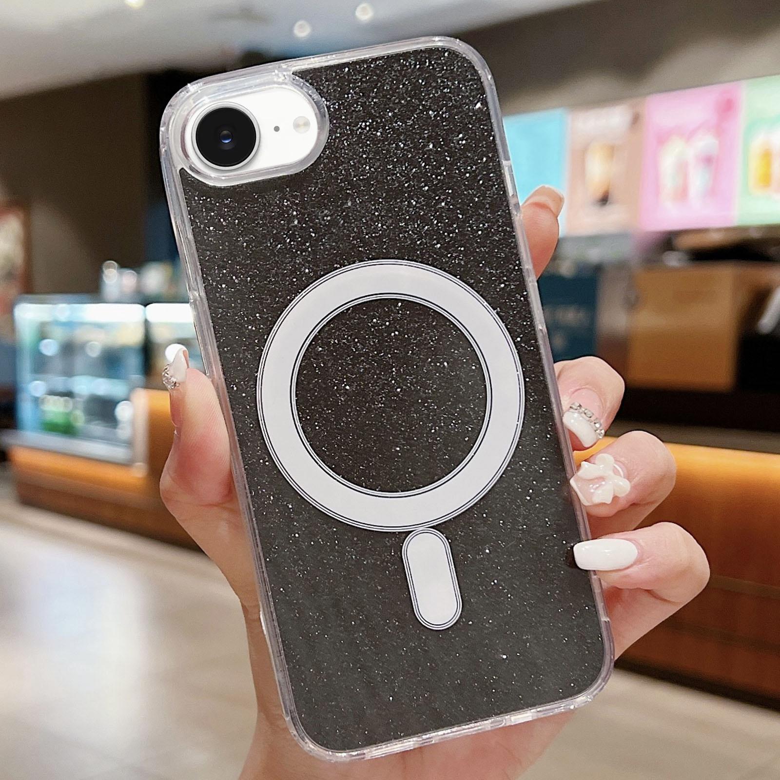 For iPhone 17e / 16e Acrylic Transparent Glitter MagSafe Phone Case(Black) - Shopkiz.com
