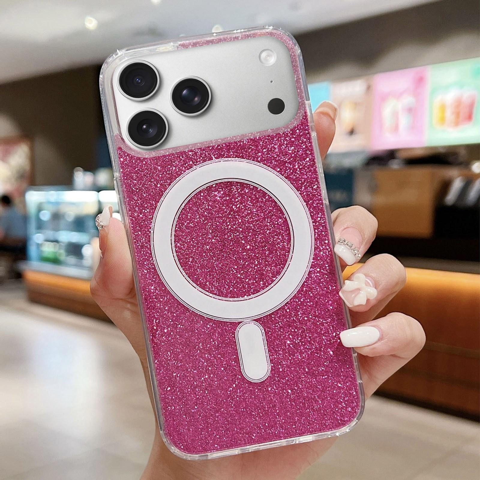 For iPhone 17 Pro Max Acrylic Transparent Glitter MagSafe Phone Case(Rose Red) - Shopkiz.com