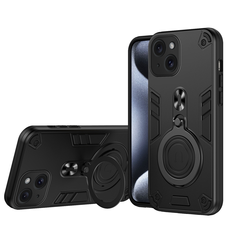 For iPhone 15 Metal Ring 360 Degree Rotating Holder PC Hybrid TPU Phone Case(Black) - Shopkiz.com