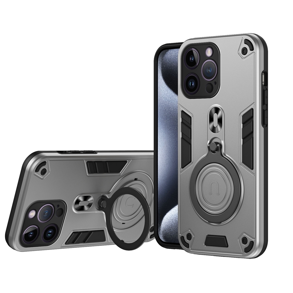 For iPhone 14 Pro Max Metal Ring 360 Degree Rotating Holder PC Hybrid TPU Phone Case(Silver Grey) - Shopkiz.com