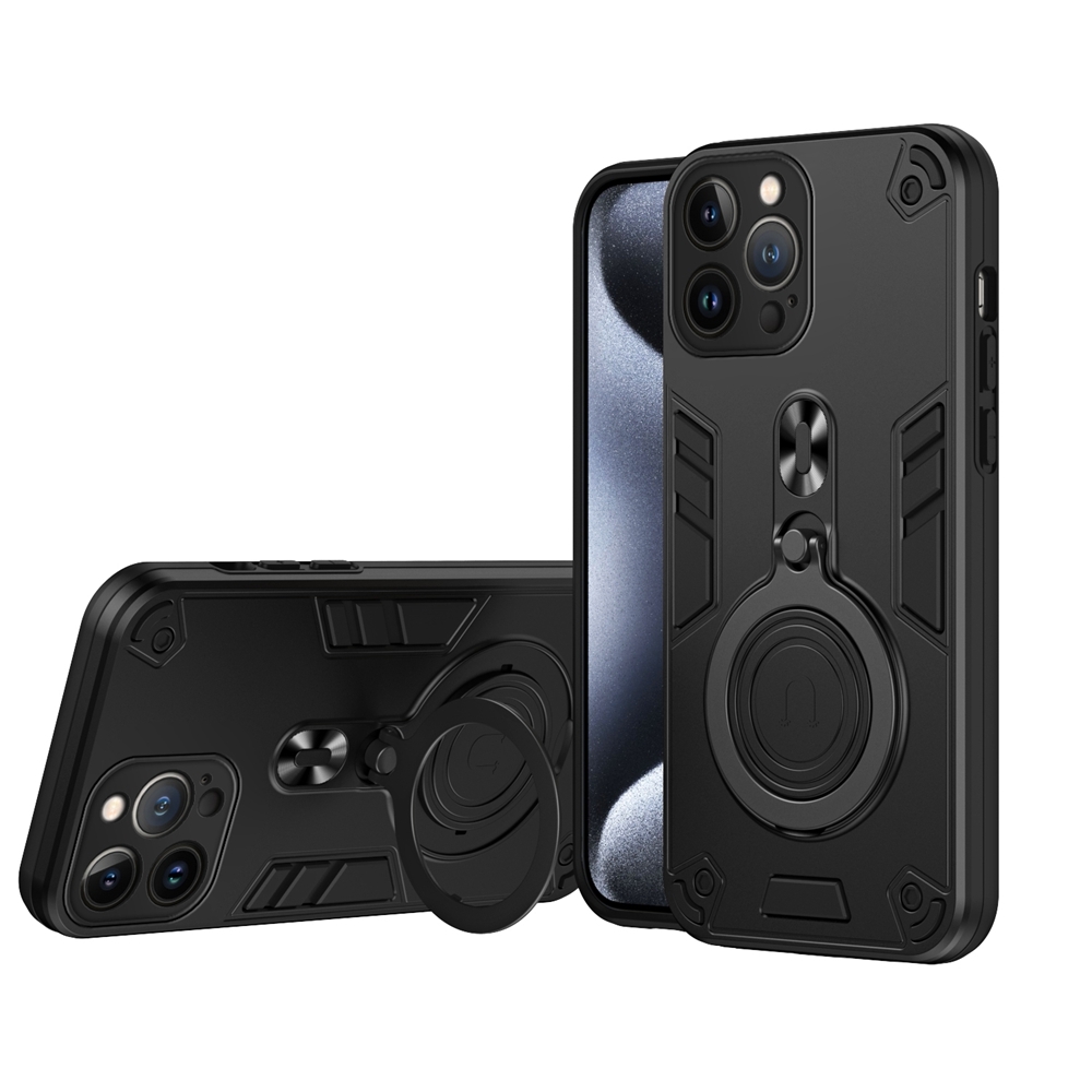 For iPhone 13 Pro Max Metal Ring 360 Degree Rotating Holder PC Hybrid TPU Phone Case(Black) - Shopkiz.com