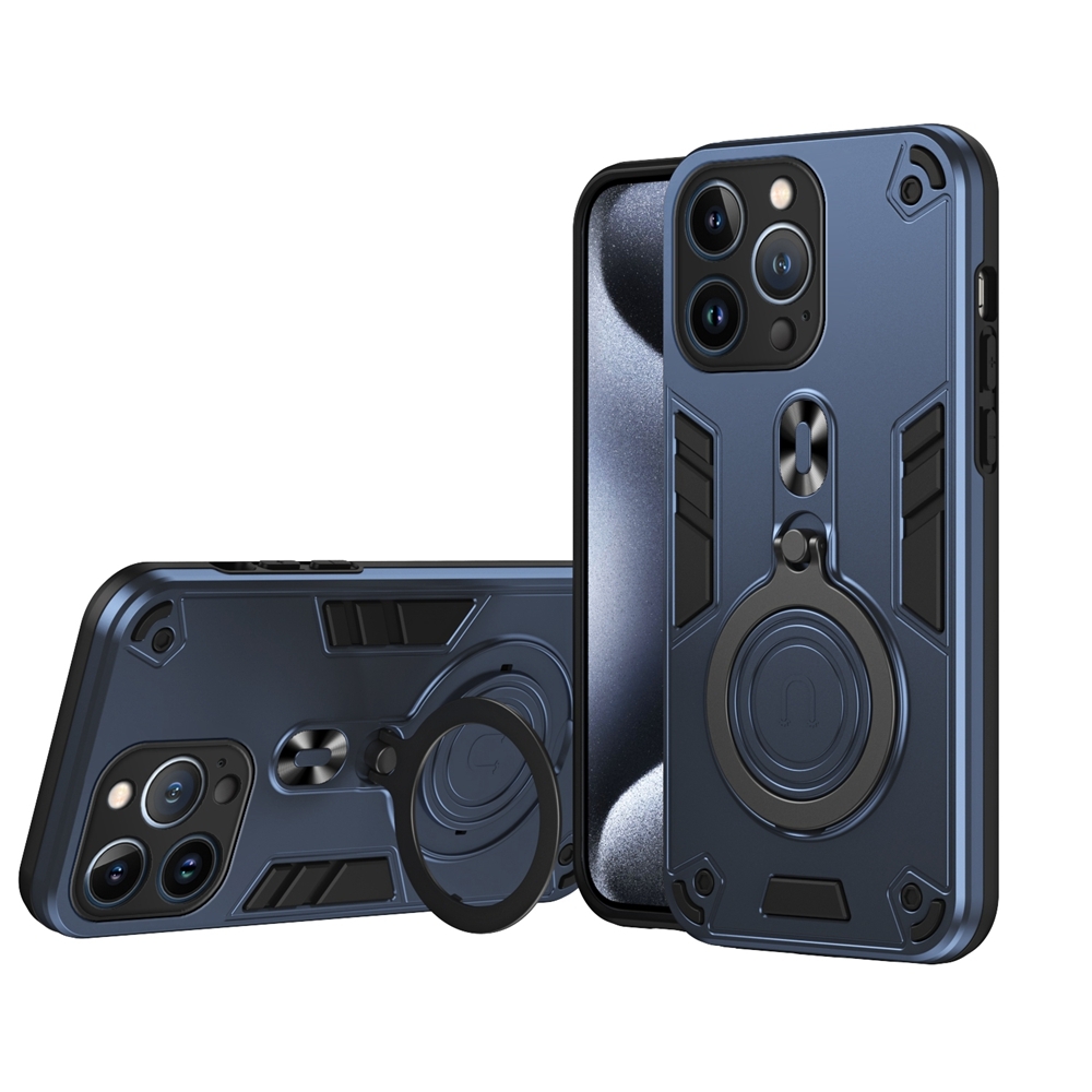 For iPhone 13 Pro Metal Ring 360 Degree Rotating Holder PC Hybrid TPU Phone Case(Navy Blue) - Shopkiz.com