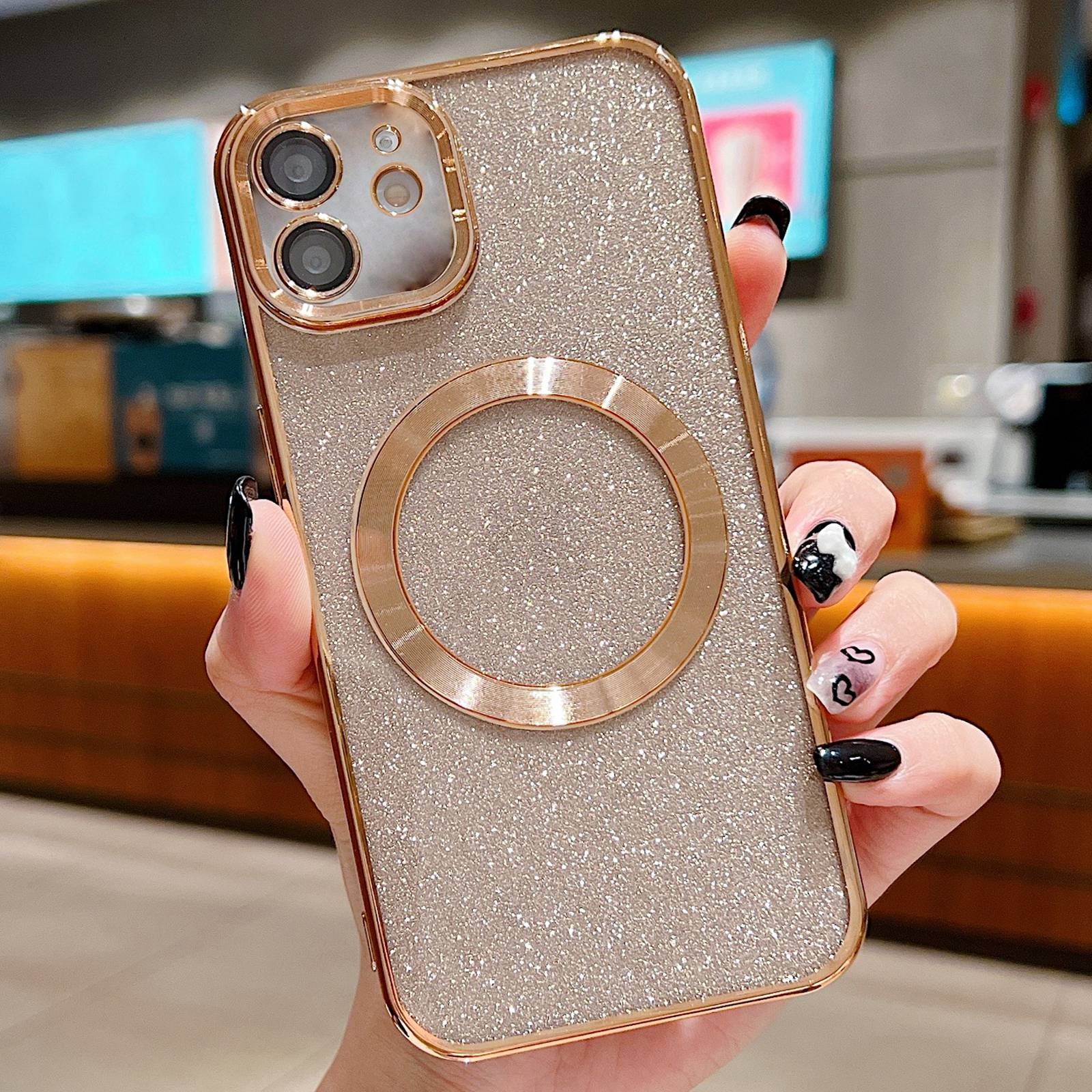 For iPhone 11 Electroplating Pure Color Glitter Powder MagSafe Phone Case(Gold) - Shopkiz.com