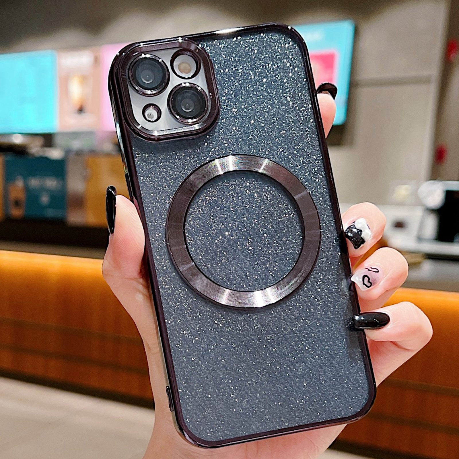 For iPhone 13 Electroplating Pure Color Glitter Powder MagSafe Phone Case(Black) - Shopkiz.com