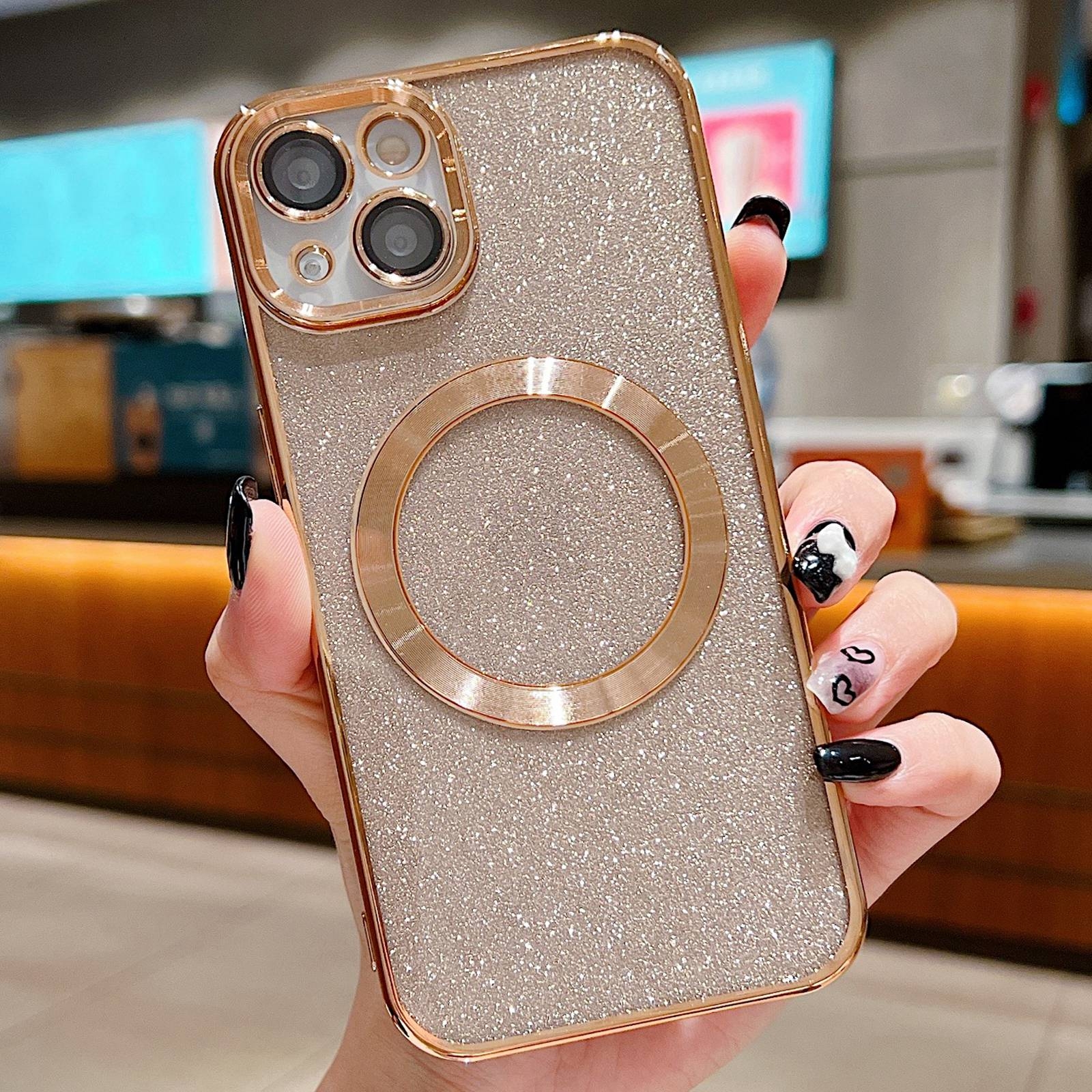 For iPhone 13 Electroplating Pure Color Glitter Powder MagSafe Phone Case(Gold) - Shopkiz.com
