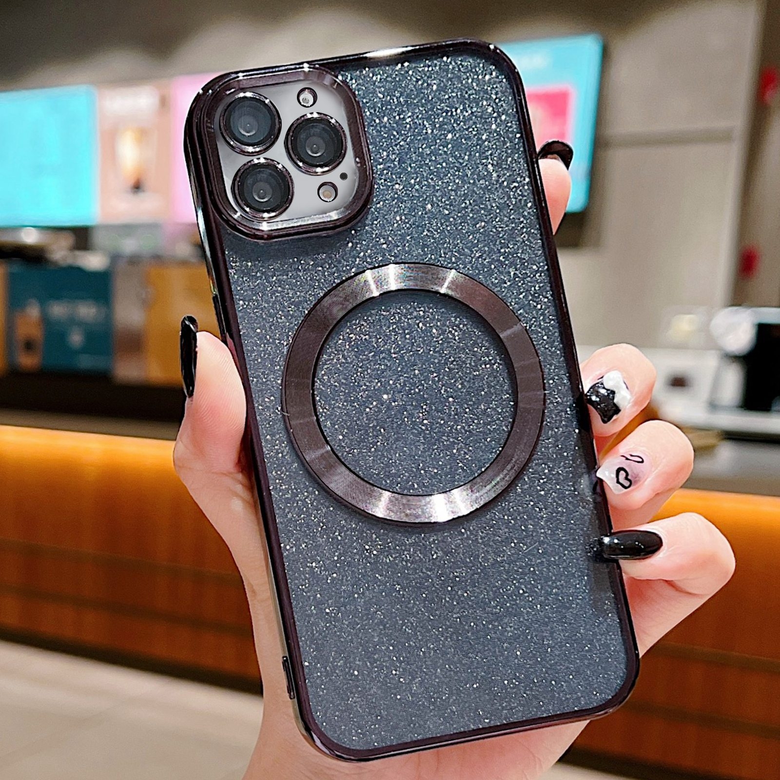 For iPhone 14 Pro Electroplating Pure Color Glitter Powder MagSafe Phone Case(Black) - Shopkiz.com
