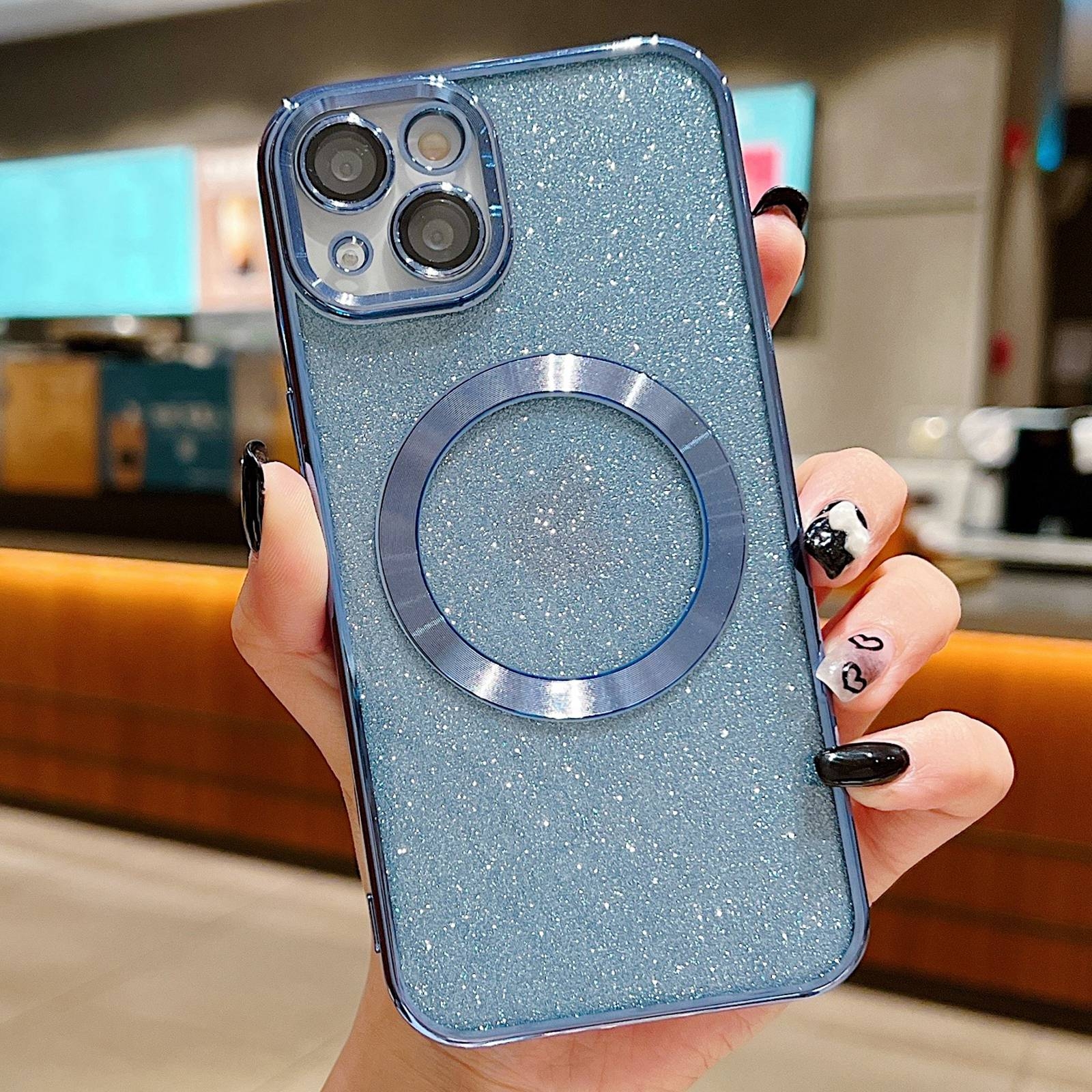 For iPhone 15 Electroplating Pure Color Glitter Powder MagSafe Phone Case(Sierra Blue) - Shopkiz.com