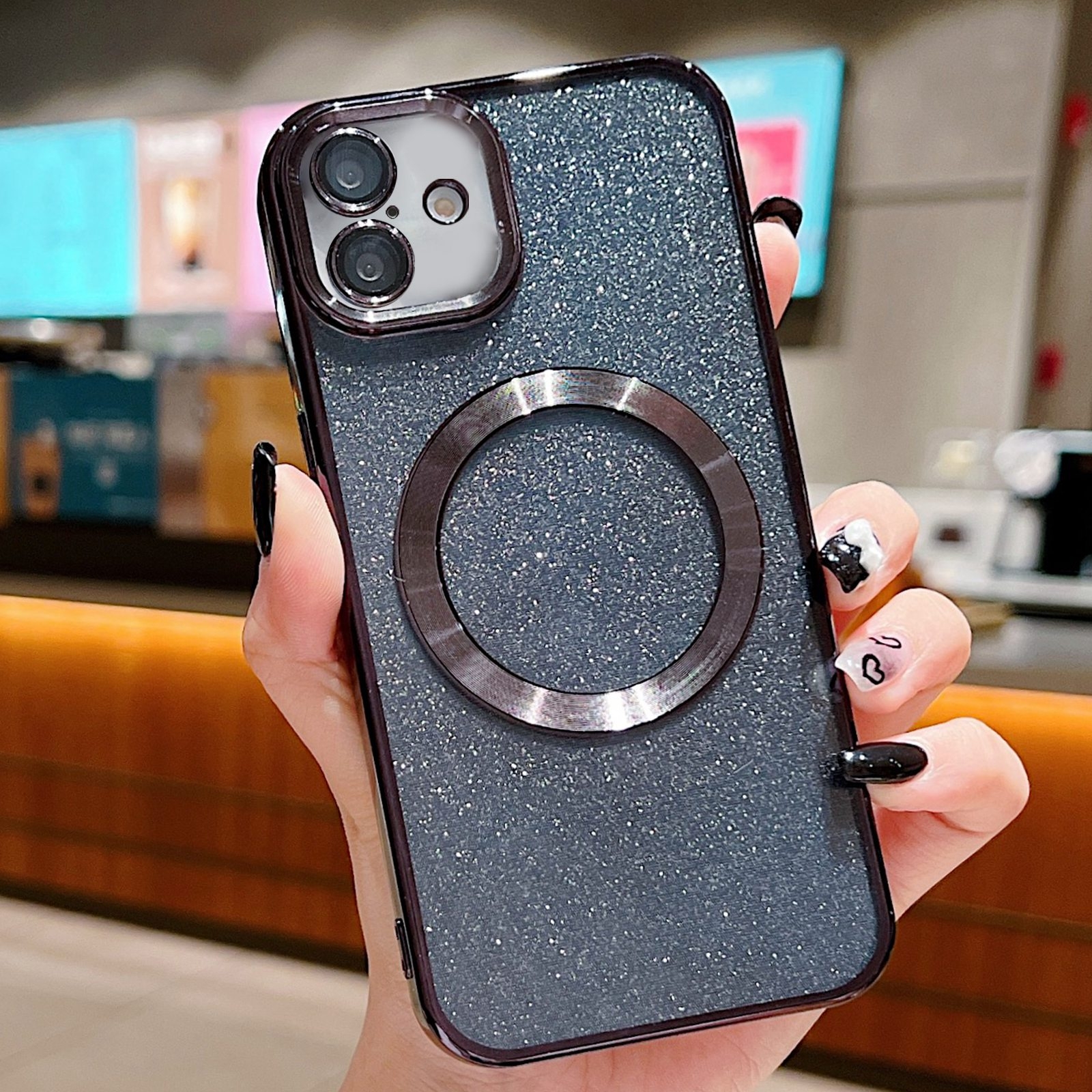 For iPhone 16 Electroplating Pure Color Glitter Powder MagSafe Phone Case(Black) - Shopkiz.com