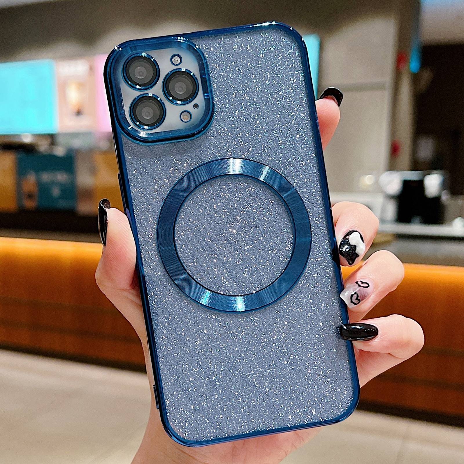 For iPhone 16 Pro Max Electroplating Pure Color Glitter Powder MagSafe Phone Case(Dark Blue) - Shopkiz.com
