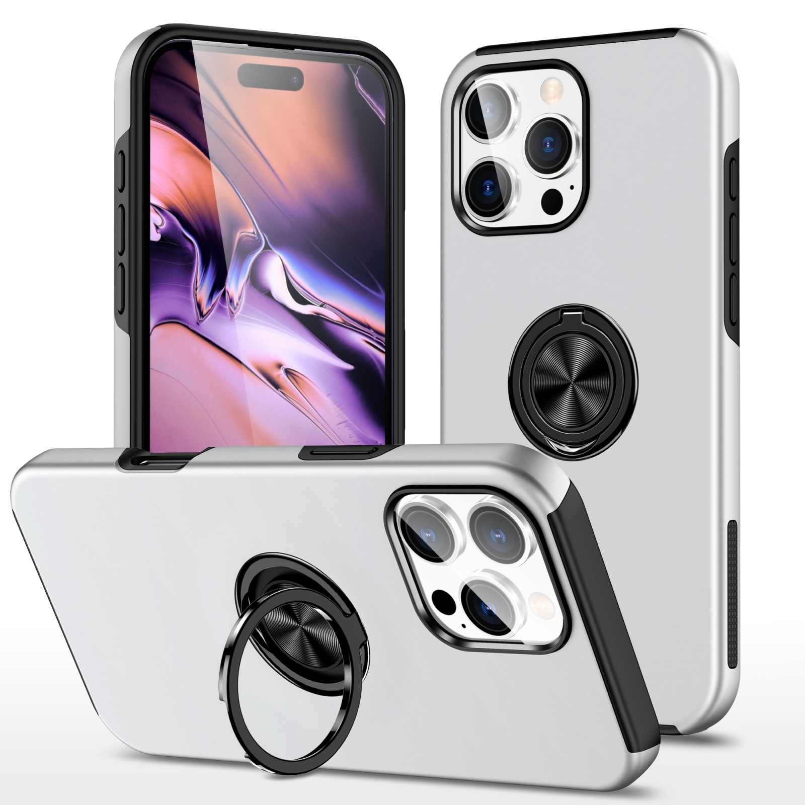 For iPhone 16 Pro PC + TPU Magnetic Phone Case with Invisible Ring Holder(Silver) - Shopkiz.com