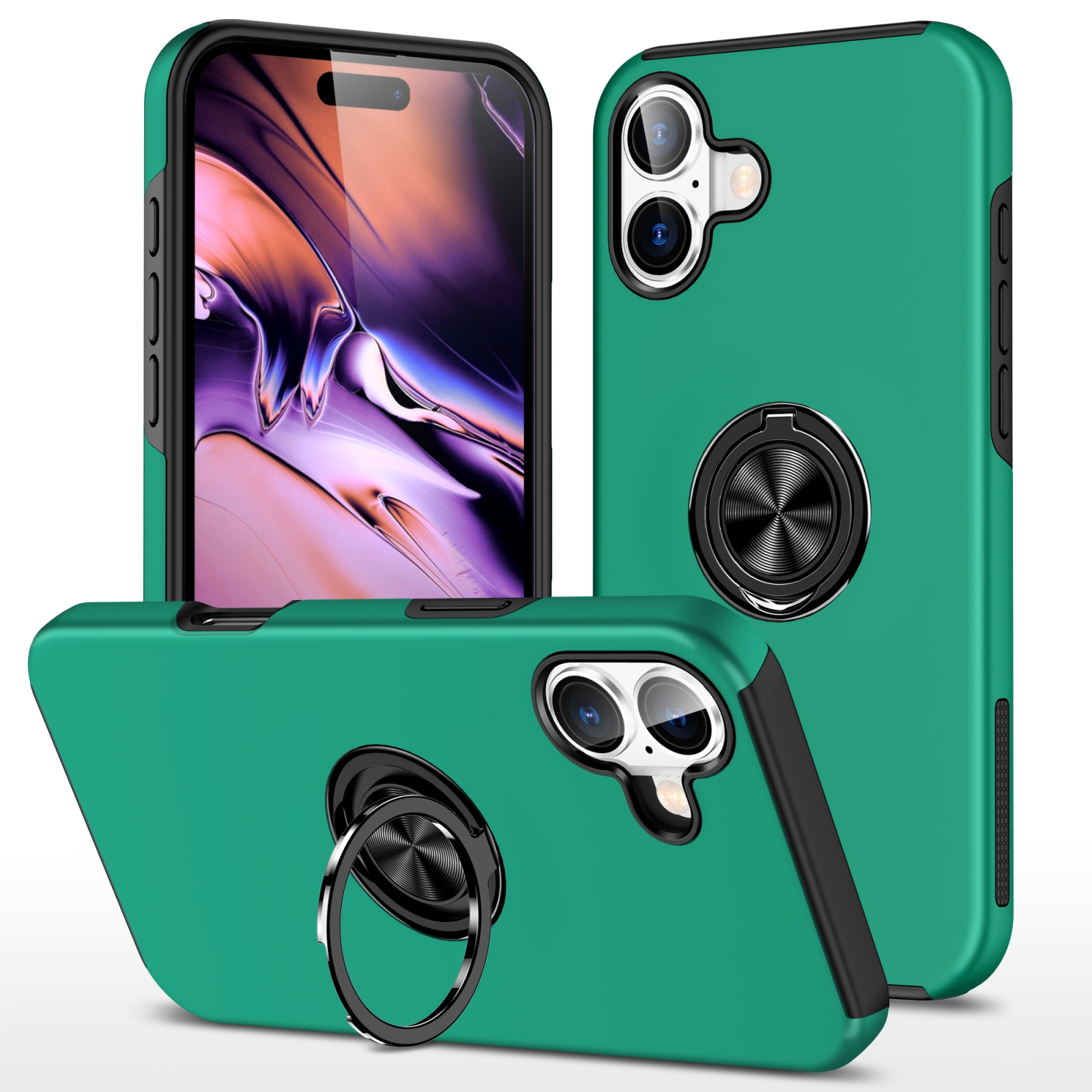 For iPhone 16 PC + TPU Magnetic Phone Case with Invisible Ring Holder(Dark Green) - Shopkiz.com