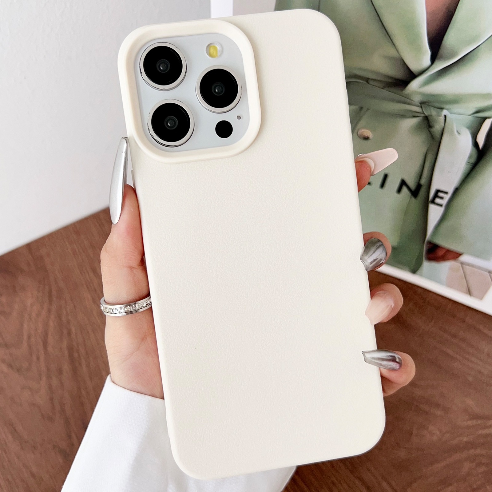 For iPhone 15 Pro Max Leather Texture TPU Full Coverage Phone Case(White) - Shopkiz.com