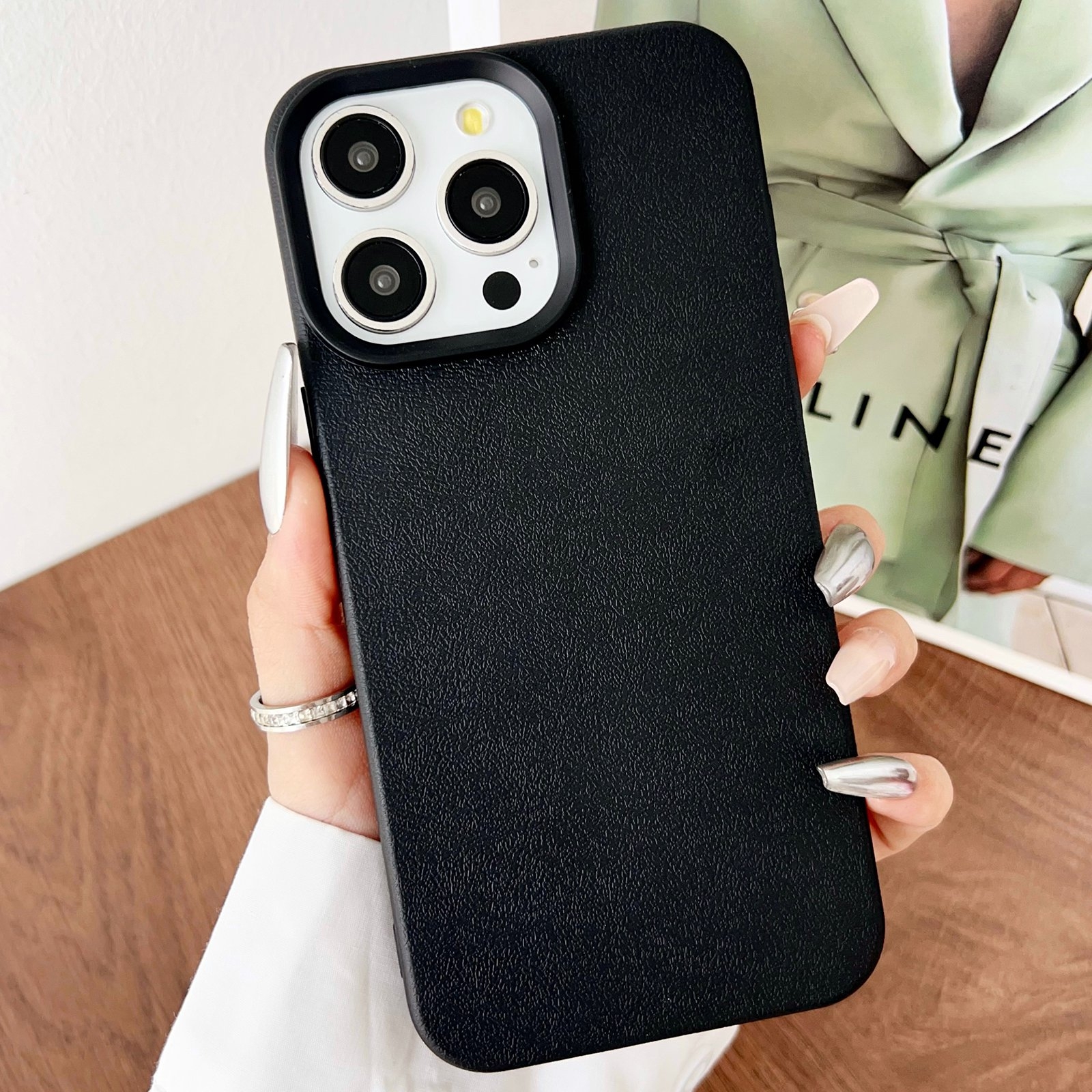 For iPhone 15 Pro Max Leather Texture TPU Full Coverage Phone Case(Black) - Shopkiz.com