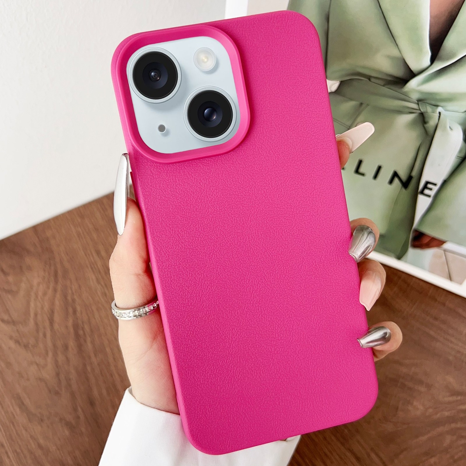 For iPhone 15 Plus Leather Texture TPU Full Coverage Phone Case(Rose Red) - Shopkiz.com