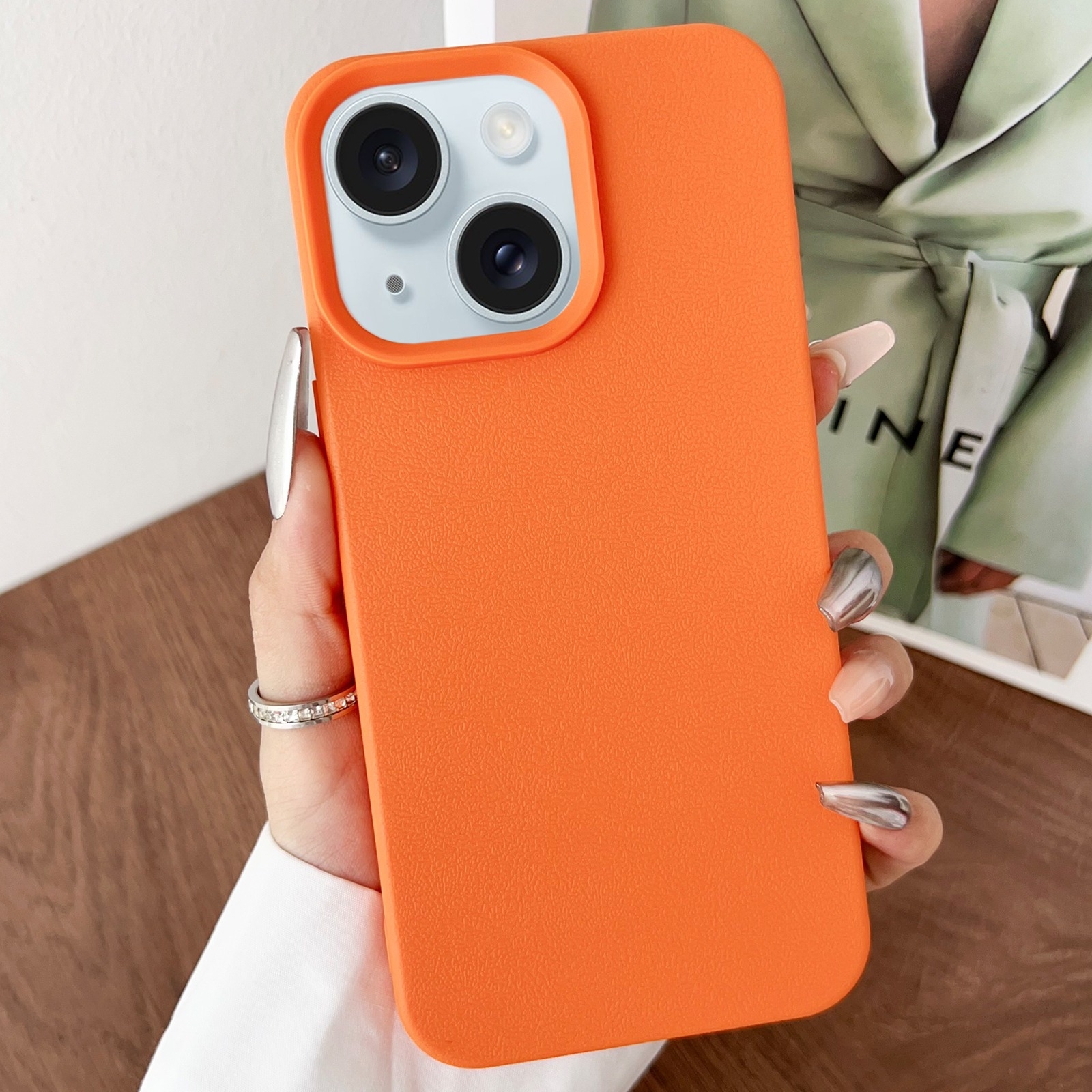 For iPhone 15 Leather Texture TPU Full Coverage Phone Case(Orange) - Shopkiz.com