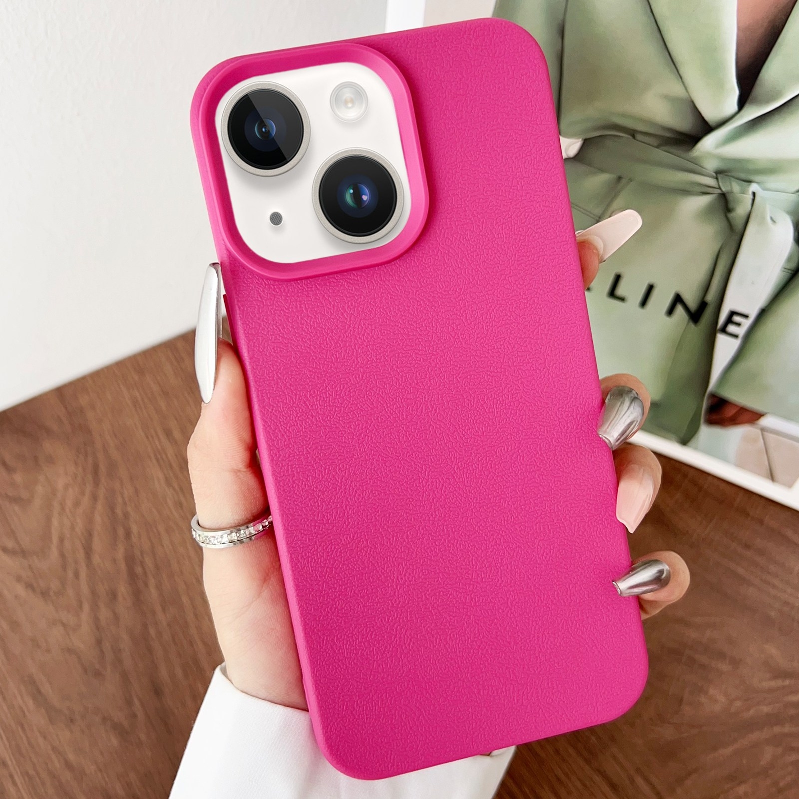 For iPhone 14 Plus Leather Texture TPU Full Coverage Phone Case(Rose Red) - Shopkiz.com