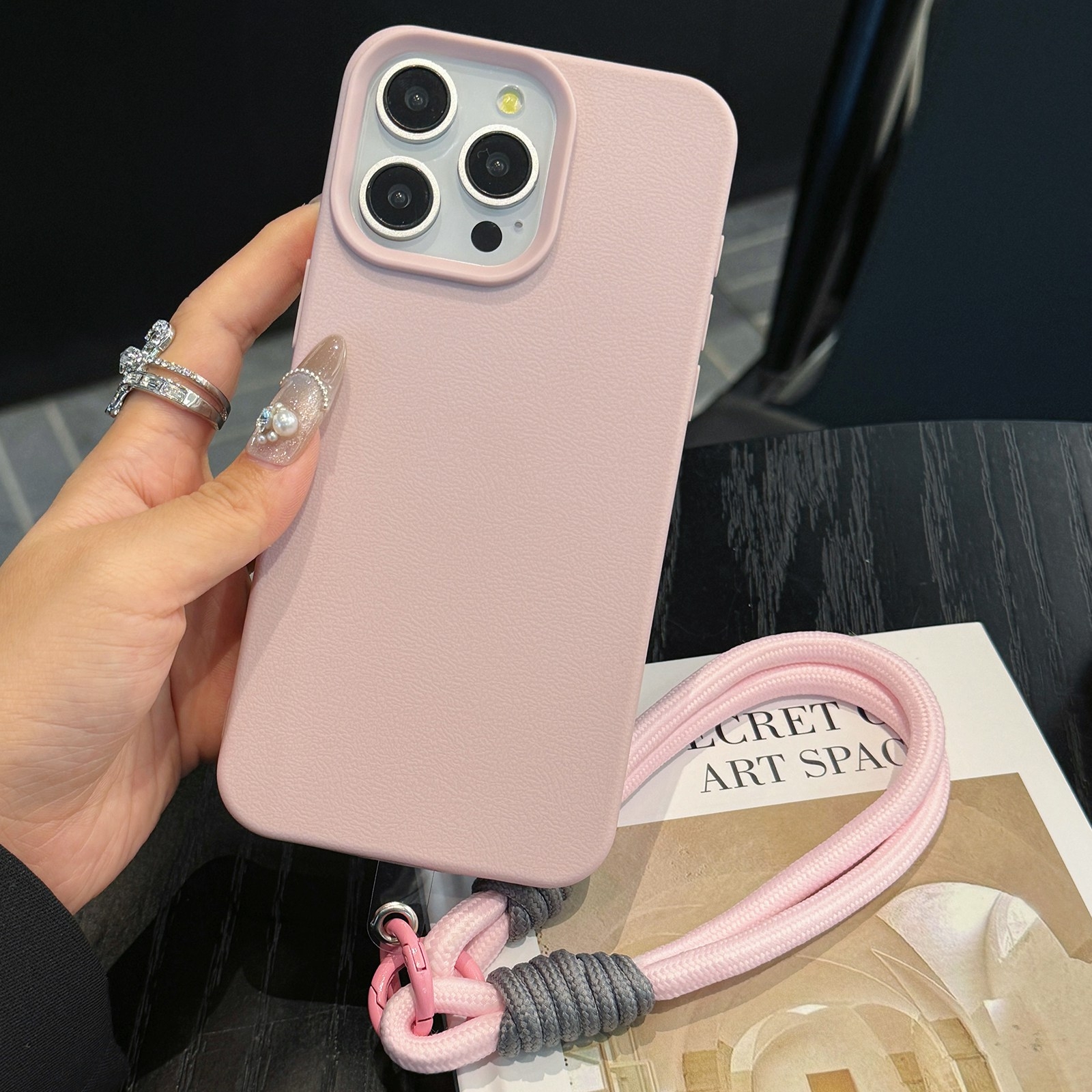 For iPhone 16 Pro Max Leather Texture TPU Full Coverage Phone Case with Lanyard(Pink) - Shopkiz.com