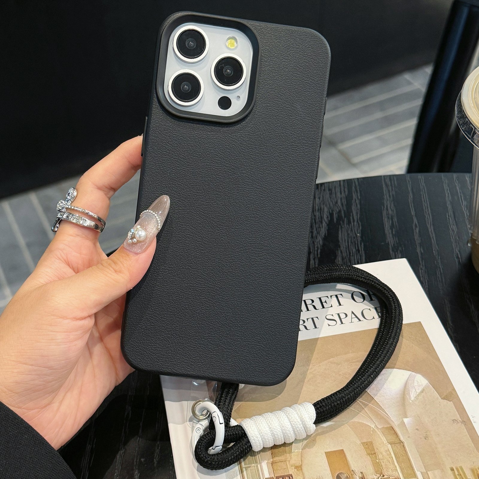 For iPhone 16 Pro Leather Texture TPU Full Coverage Phone Case with Lanyard(Black) - Shopkiz.com
