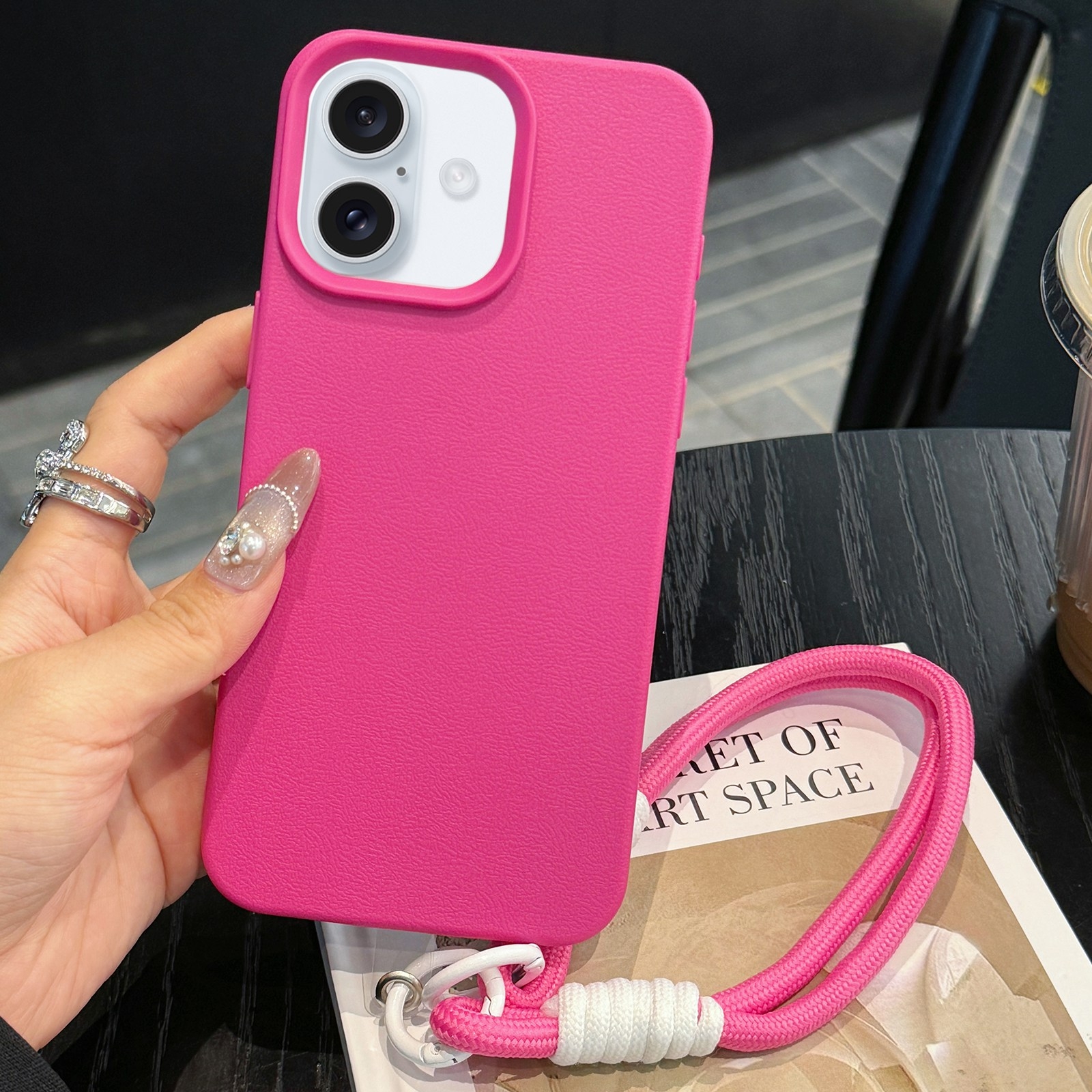 For iPhone 16 Plus Leather Texture TPU Full Coverage Phone Case with Lanyard(Rose Red) - Shopkiz.com