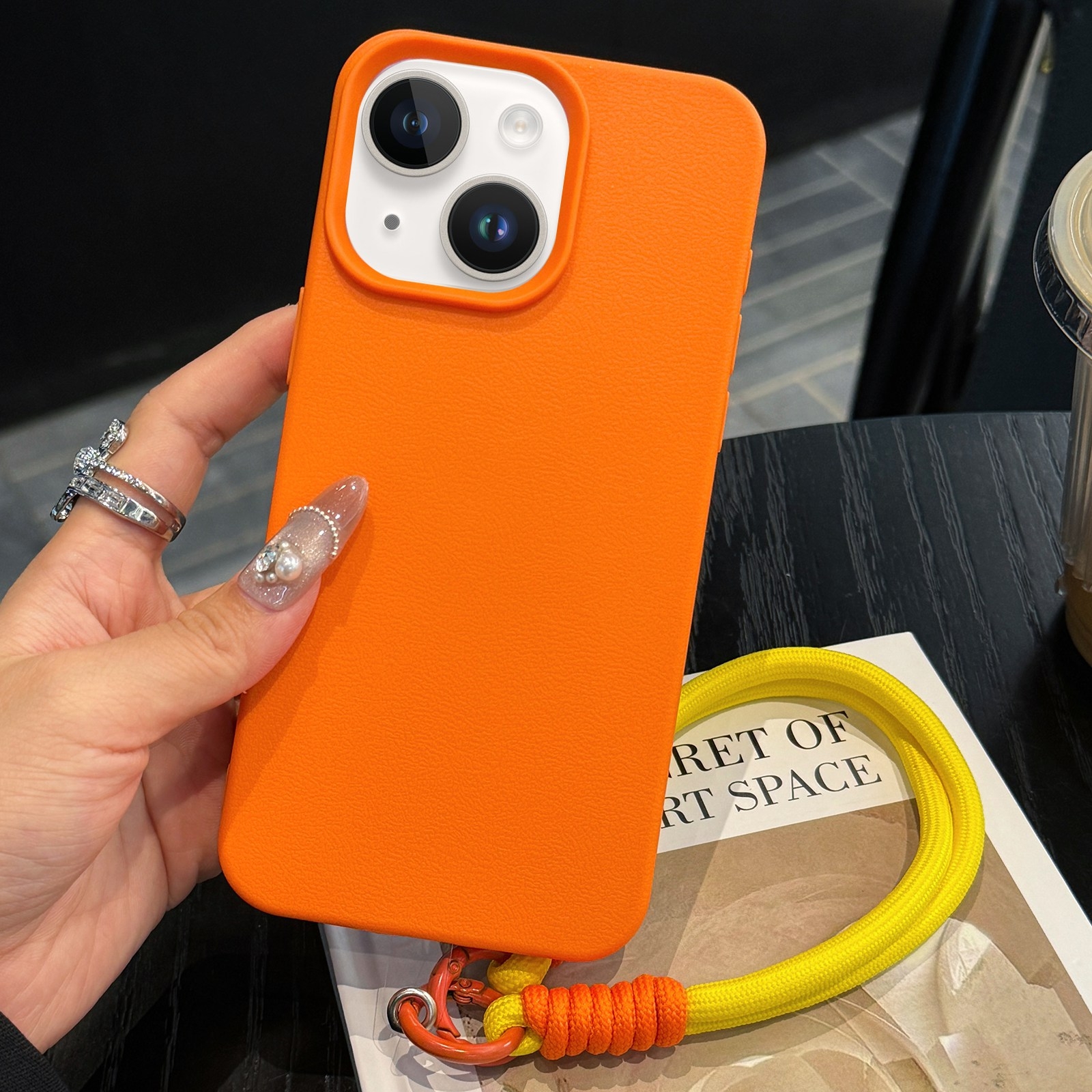 For iPhone 13 Leather Texture TPU Full Coverage Phone Case with Lanyard(Orange) - Shopkiz.com