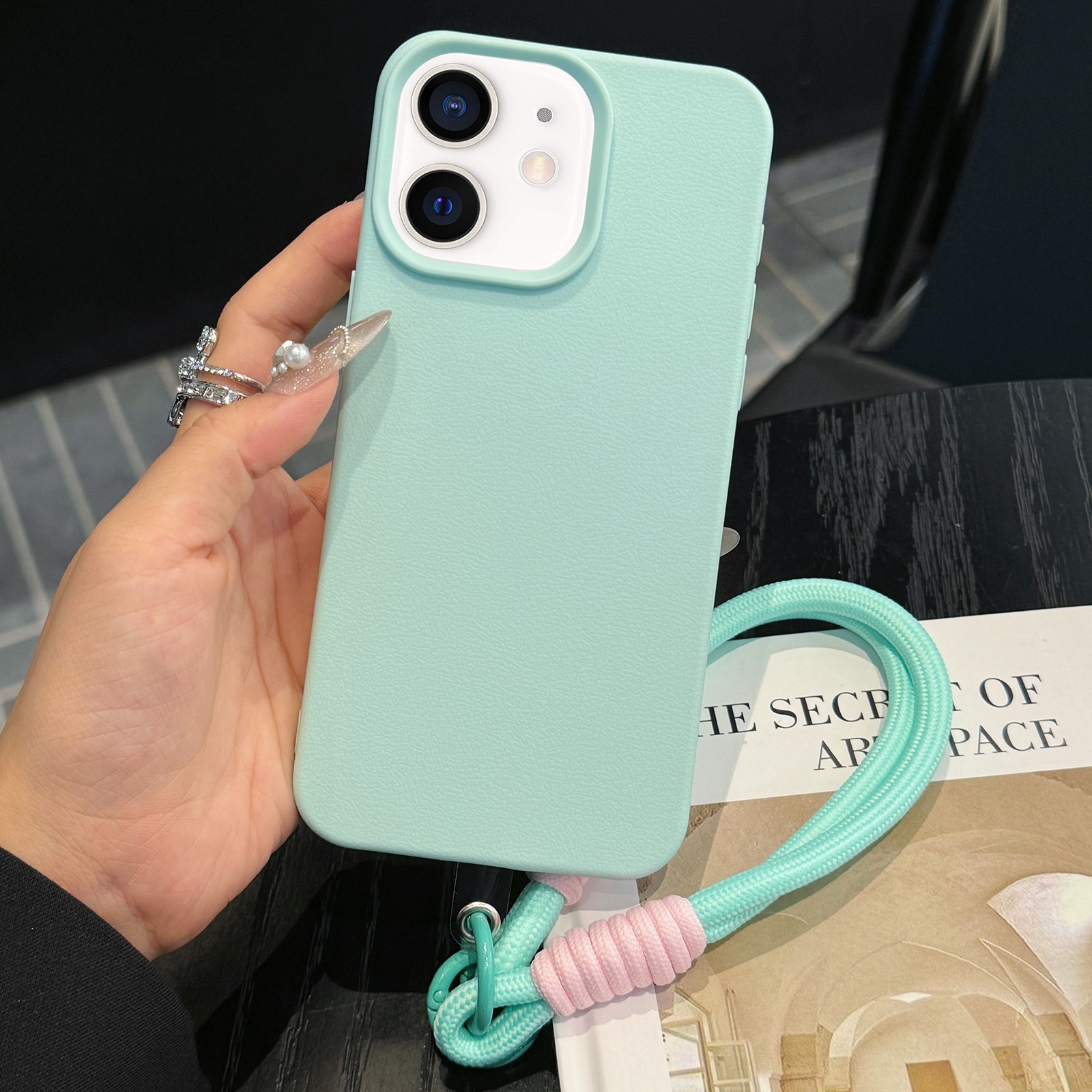 For iPhone 12 Leather Texture TPU Full Coverage Phone Case with Lanyard(Green) - Shopkiz.com