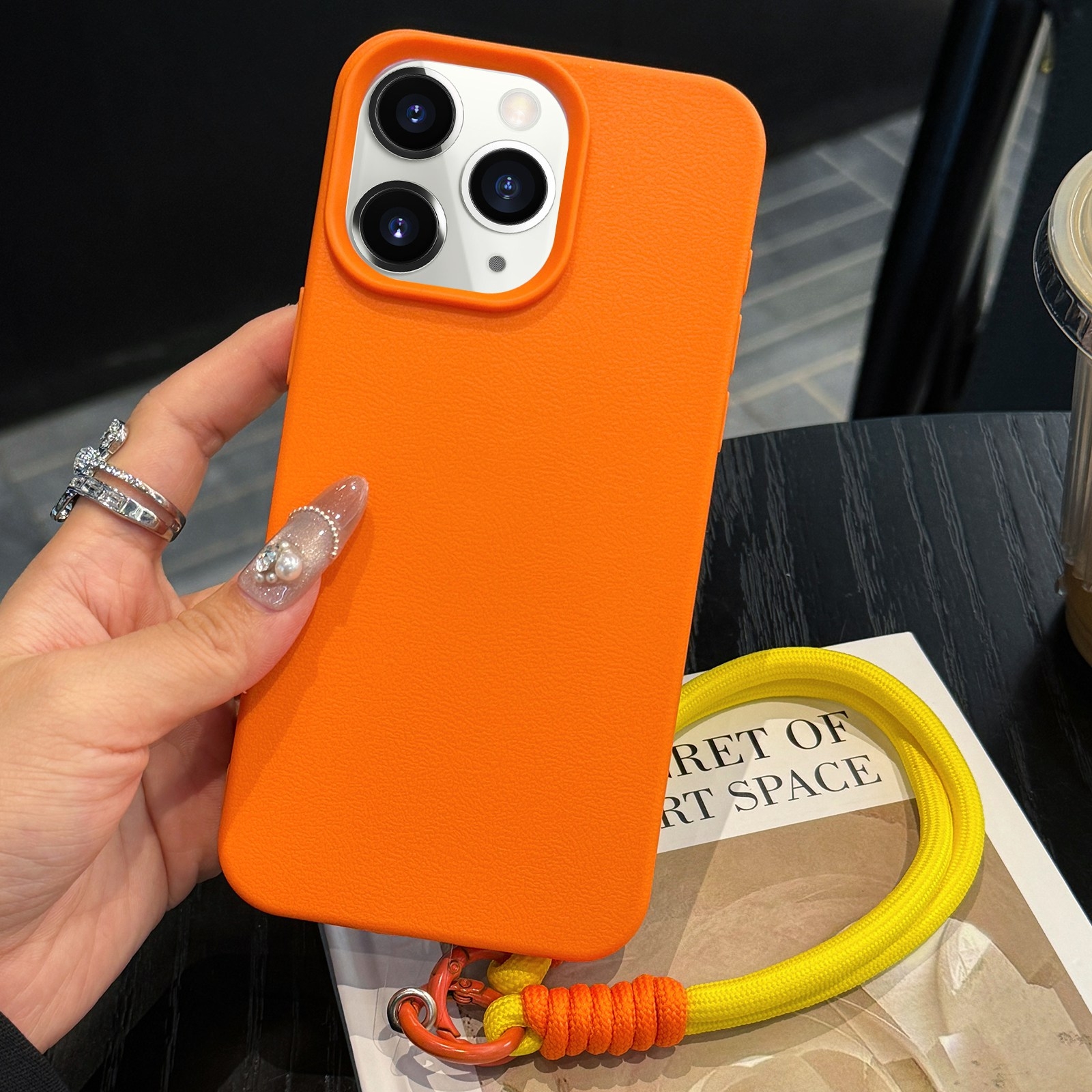 For iPhone 11 Pro Max Leather Texture TPU Full Coverage Phone Case with Lanyard(Orange) - Shopkiz.com