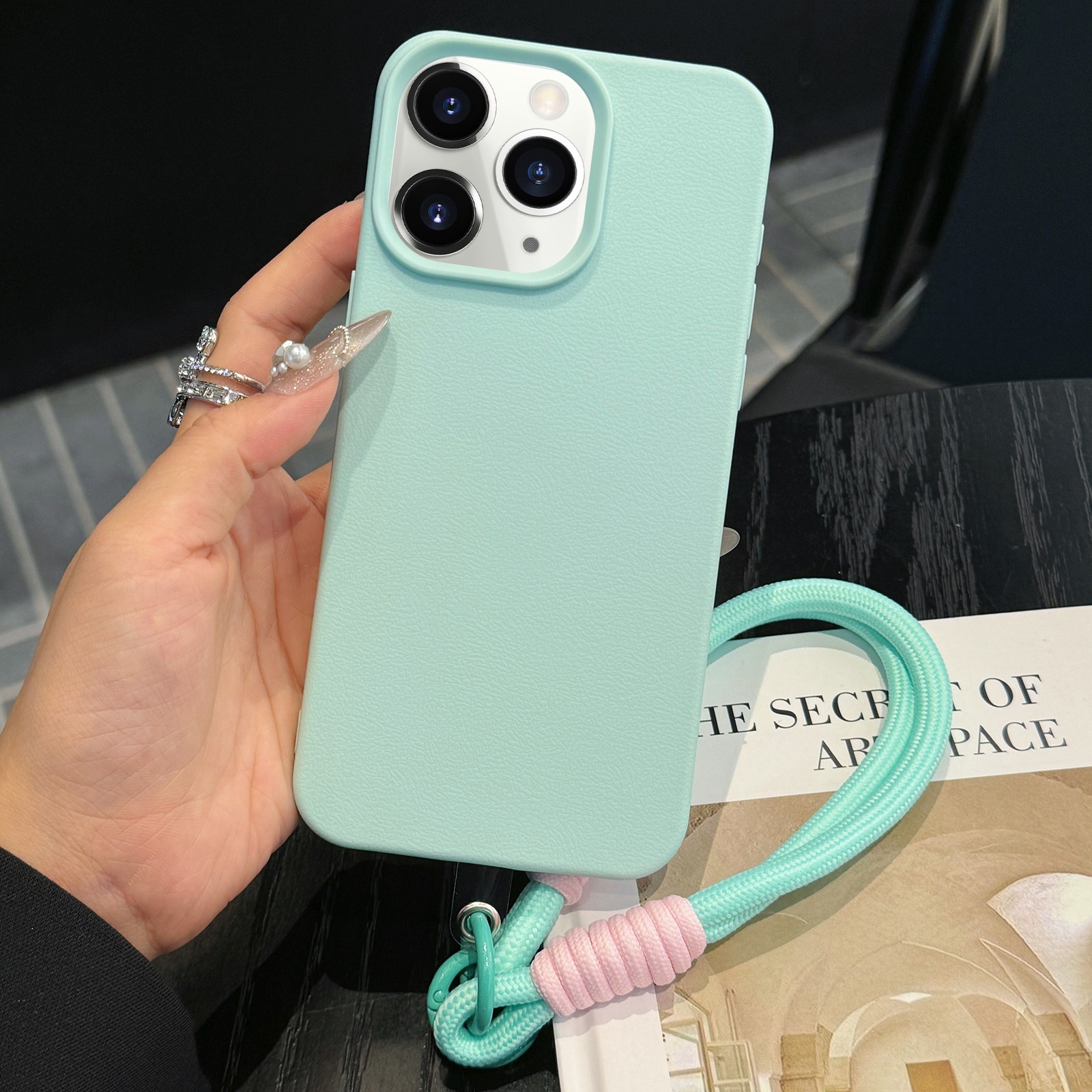 For iPhone 11 Pro Max Leather Texture TPU Full Coverage Phone Case with Lanyard(Green) - Shopkiz.com