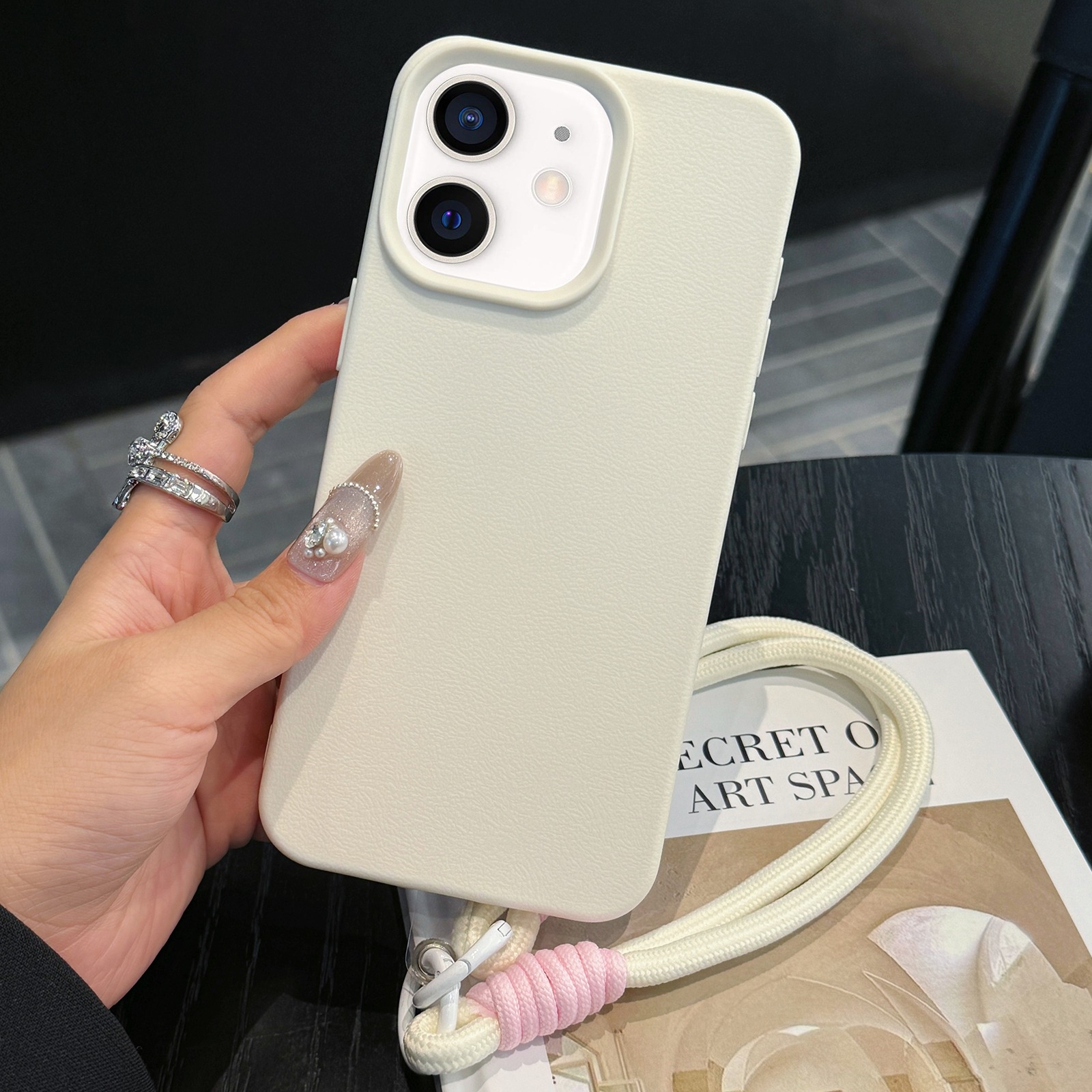 For iPhone 11 Leather Texture TPU Full Coverage Phone Case with Lanyard(White) - Shopkiz.com