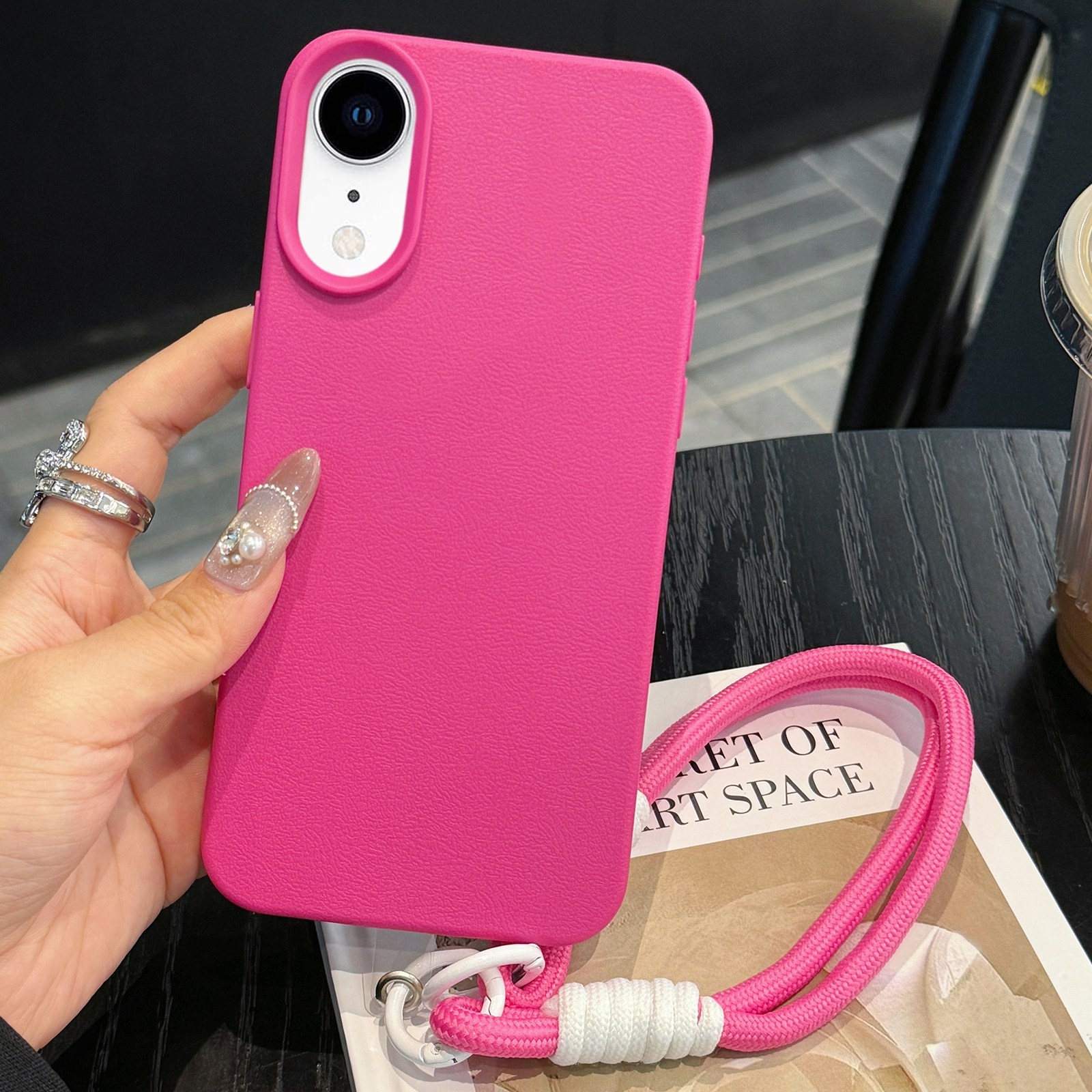 For iPhone XR Leather Texture TPU Full Coverage Phone Case with Lanyard(Rose Red) - Shopkiz.com