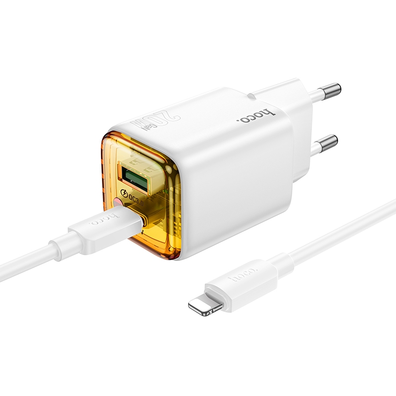 hoco N52 Monsoon Dual Port PD20W Type-C, QC3.0 USB Charger with 1m 8 Pin Cable, EU Plug(White) - Shopkiz.com