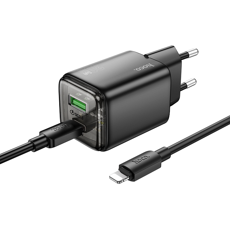 hoco N53 Monsoon Dual Port PD30W Type-C, QC3.0 USB Charger with 1m 8 Pin Cable, EU Plug(Black) - Shopkiz.com