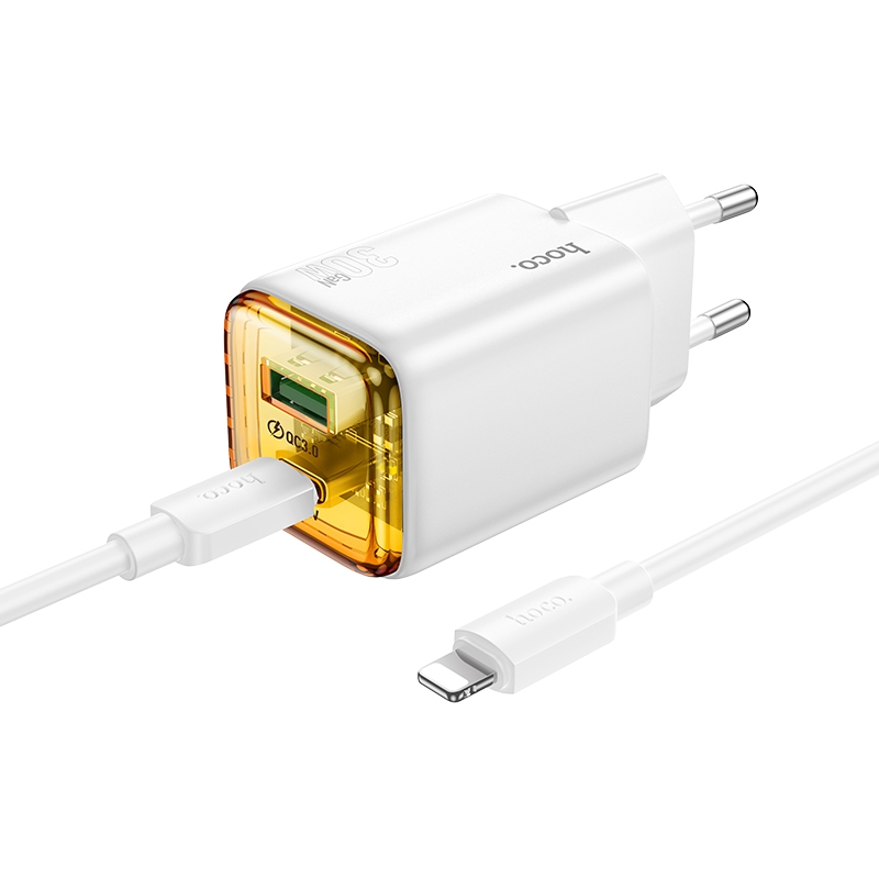 hoco N53 Monsoon Dual Port PD30W Type-C, QC3.0 USB Charger with 1m 8 Pin Cable, EU Plug(White) - Shopkiz.com