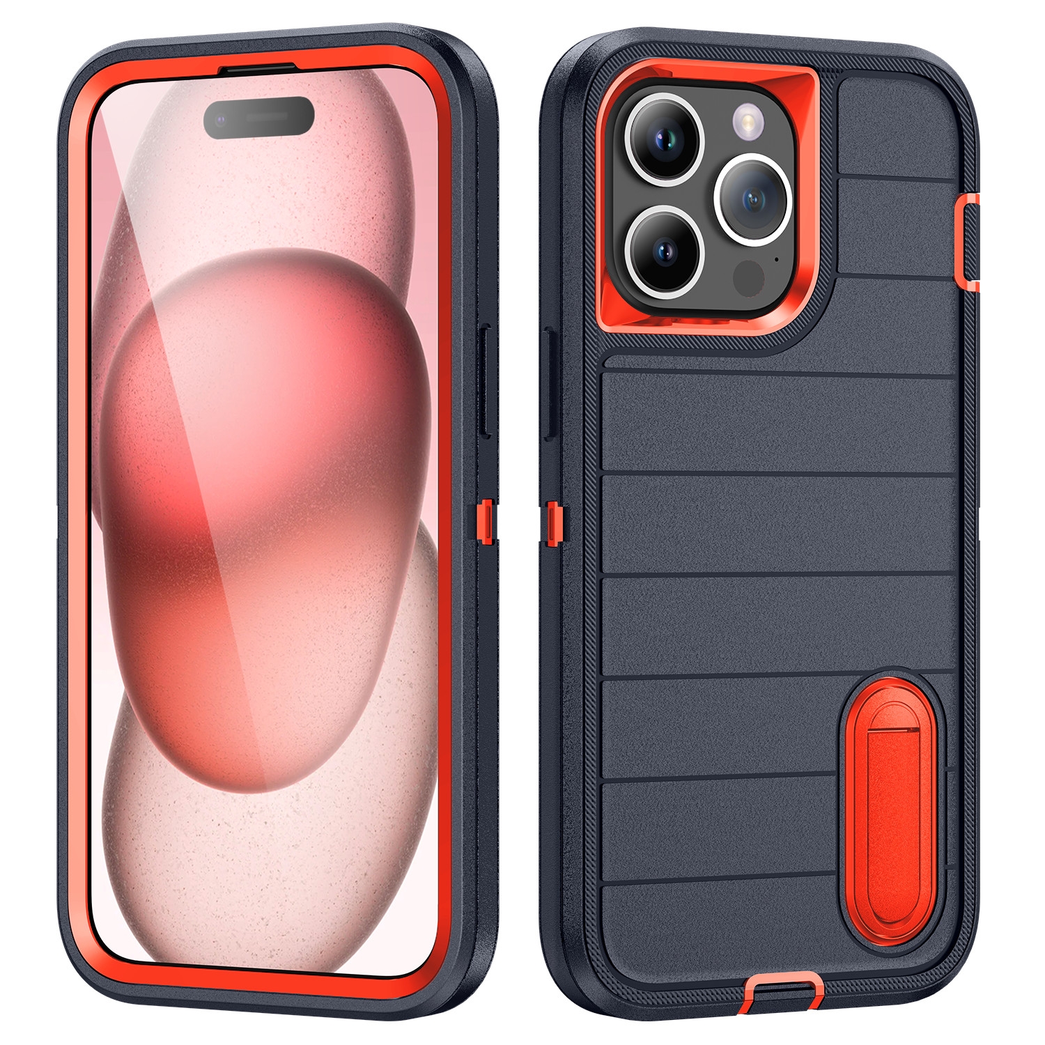 For iPhone 15 Pro Defender Gen2 Rugged PC + Silicone Phone Case with Holder(Dark Blue+Orange) - Shopkiz.com