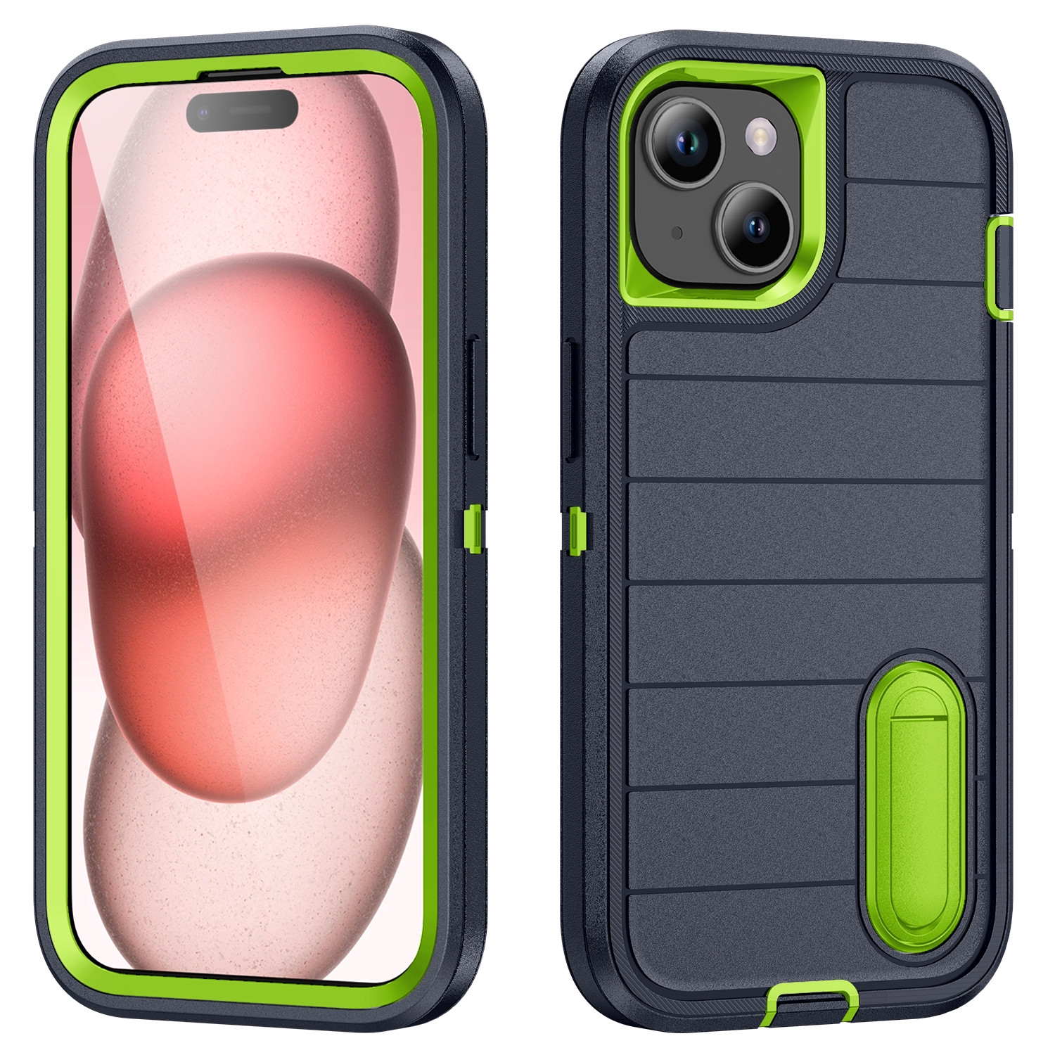 For iPhone 15 Plus Defender Gen2 Rugged PC + Silicone Phone Case with Holder(Dark Blue+Green) - Shopkiz.com
