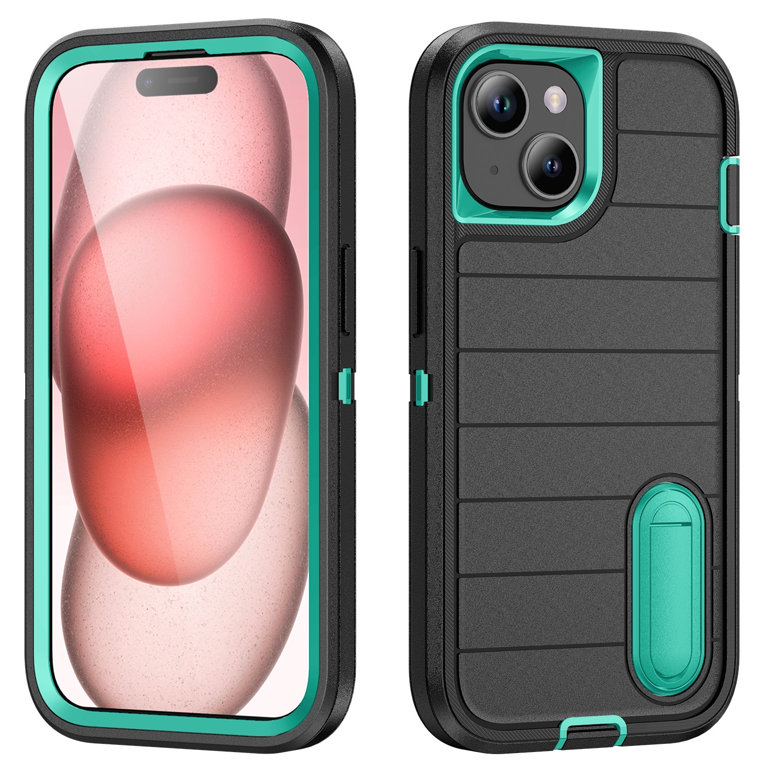 For iPhone 15 Defender Gen2 Rugged PC + Silicone Phone Case with Holder(Black+Cyan) - Shopkiz.com