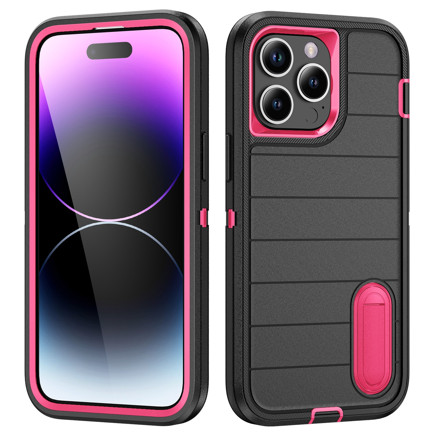 For iPhone 14 Pro Max Defender Gen2 Rugged PC + Silicone Phone Case with Holder(Black+Pink) - Shopkiz.com