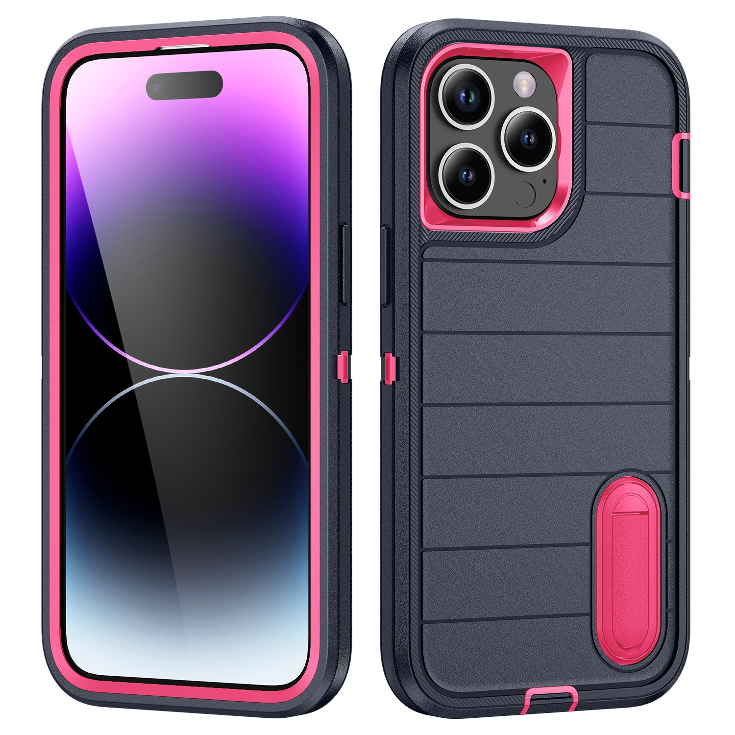 For iPhone 14 Pro Defender Gen2 Rugged PC + Silicone Phone Case with Holder(Dark Blue+Pink) - Shopkiz.com